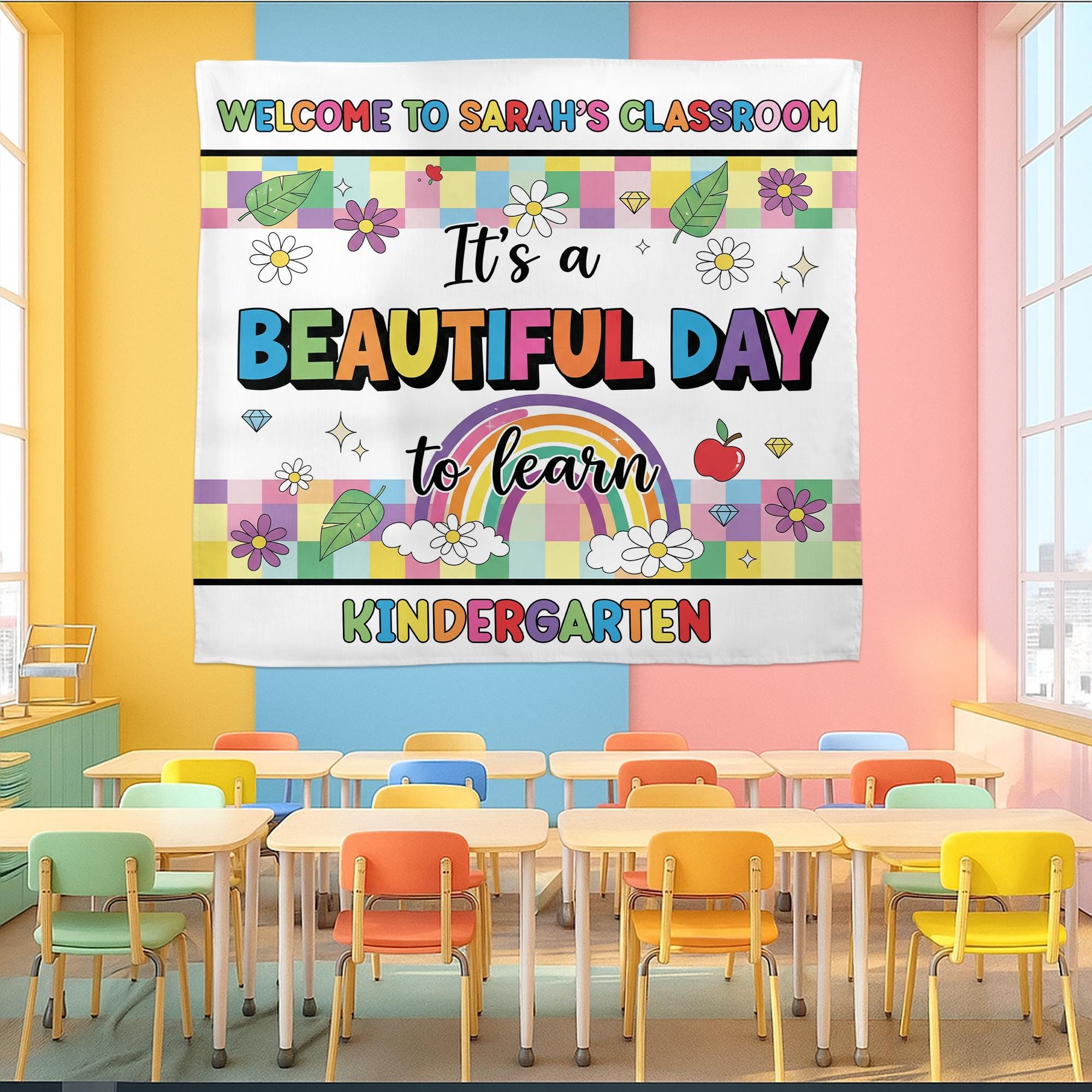 Beautiful Day to Learn Kindergarten Tapestry, Custom Classroom Wall Decor, Rainbow Teacher Sign, Back to School Personalized Tapestry Banner