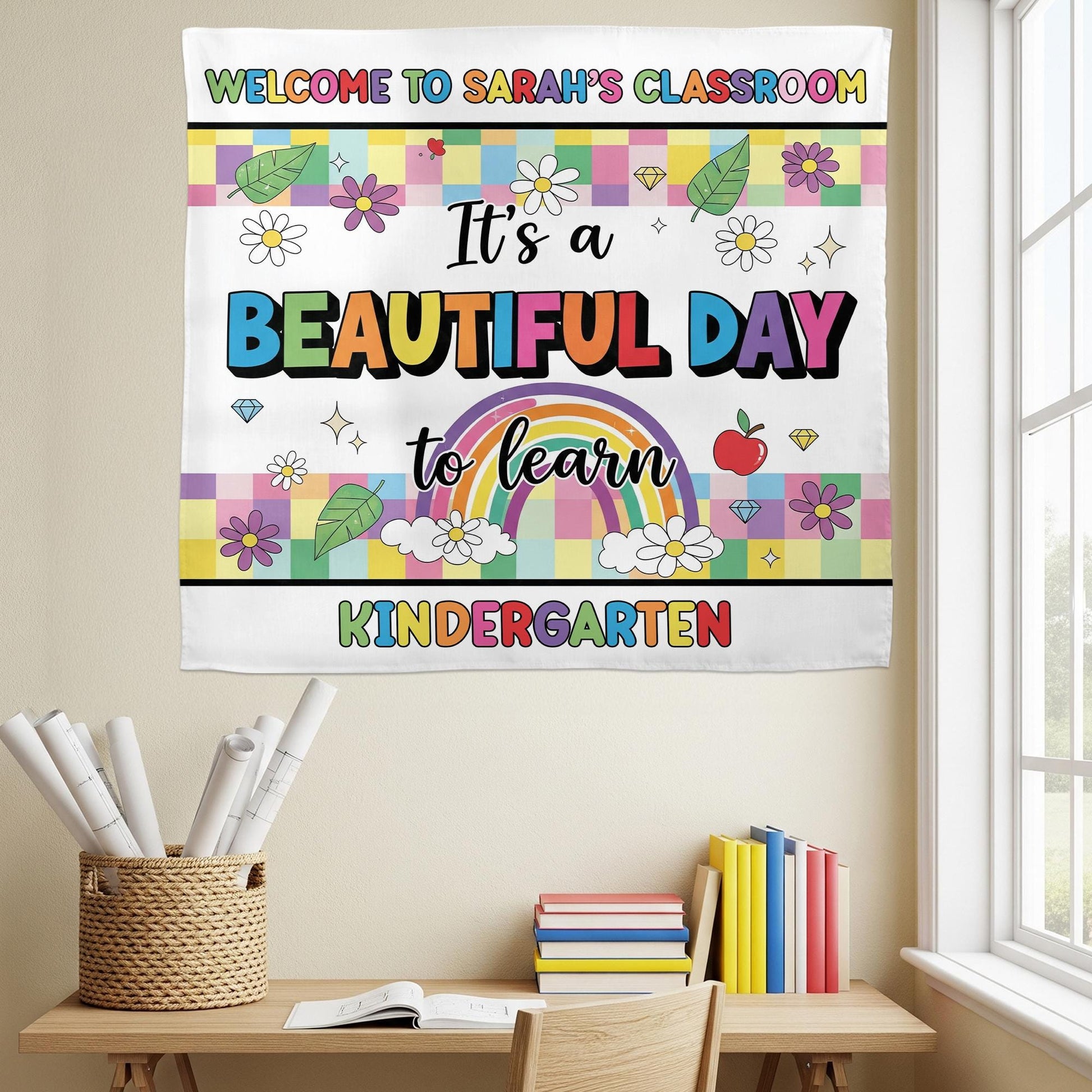 Beautiful Day to Learn Kindergarten Tapestry, Custom Classroom Wall Decor, Rainbow Teacher Sign, Back to School Personalized Tapestry Banner