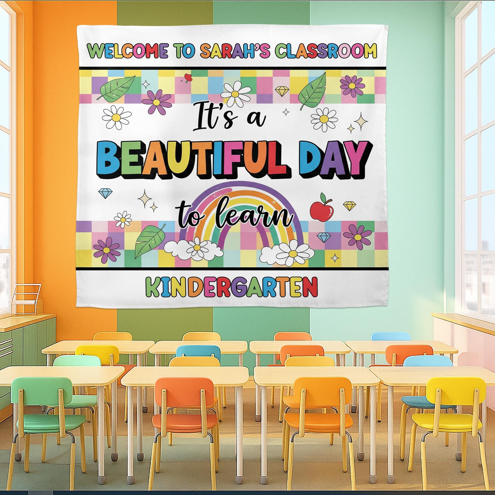 Beautiful Day to Learn Kindergarten Tapestry, Custom Classroom Wall Decor, Rainbow Teacher Sign, Back to School Personalized Tapestry Banner