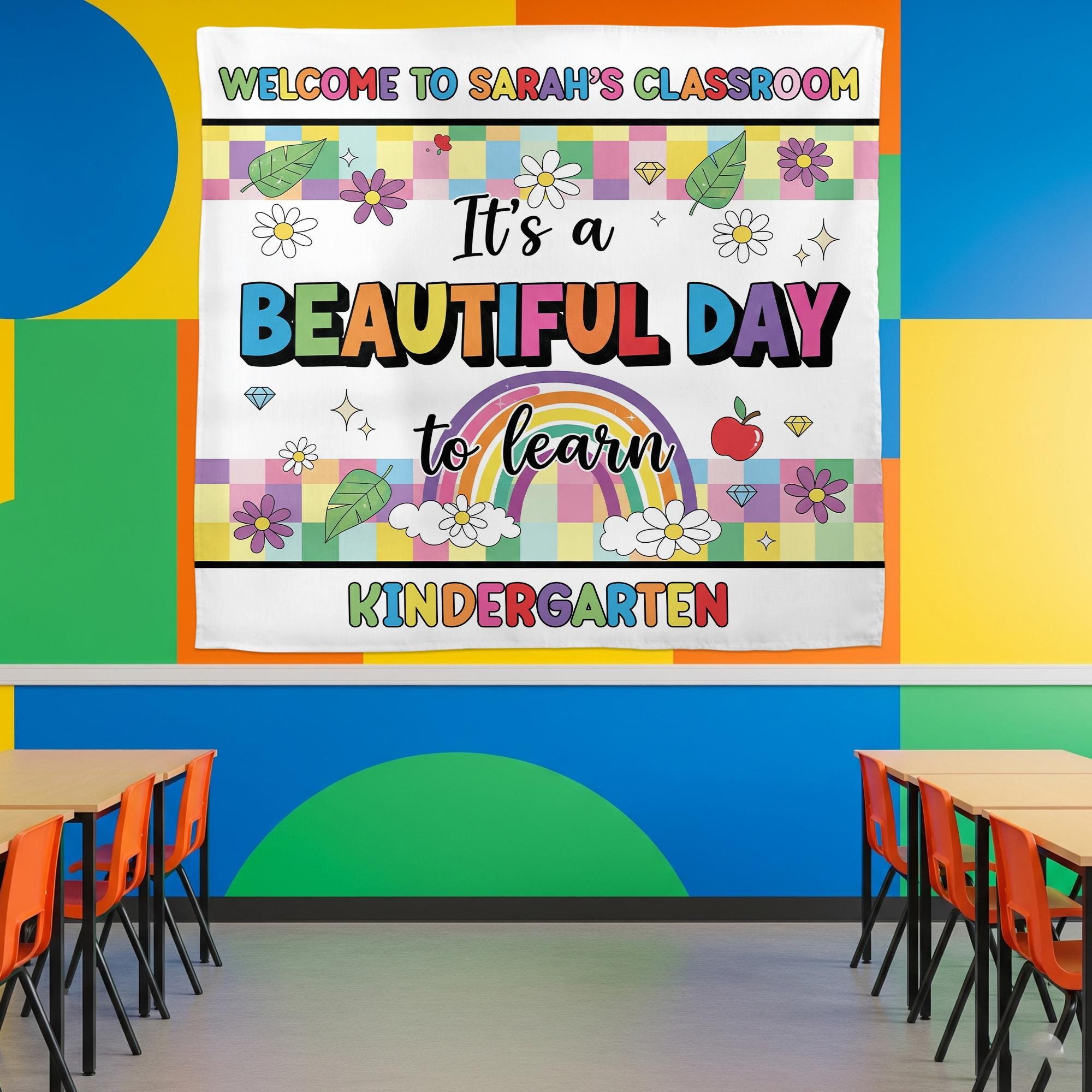 Beautiful Day to Learn Kindergarten Tapestry, Custom Classroom Wall Decor, Rainbow Teacher Sign, Back to School Personalized Tapestry Banner