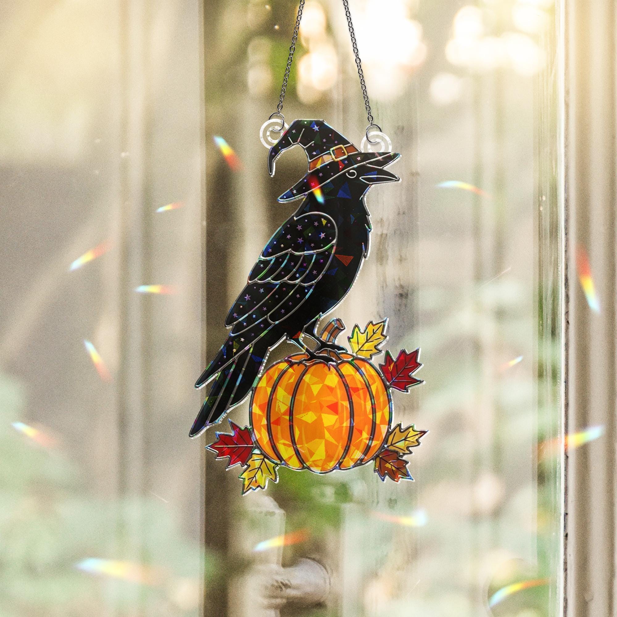 Raven Pumpkin Suncatcher, Fall Acrylic Hologram Decor, Witch Crow Window Hanging, Halloween Autumn Ornament, Gothic Bird Art