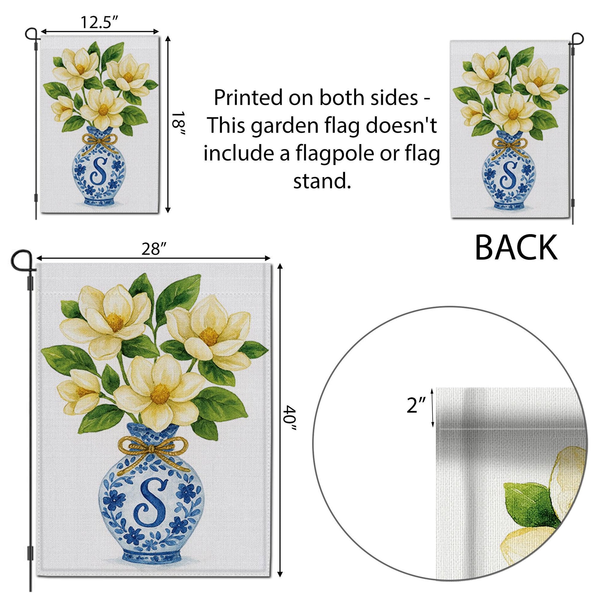 Monogram Magnolia Garden Flag – Blue Chinoiserie Vase Yard Decor, Personalized Outdoor Floral Flag for Spring Summer Porch or Lawn