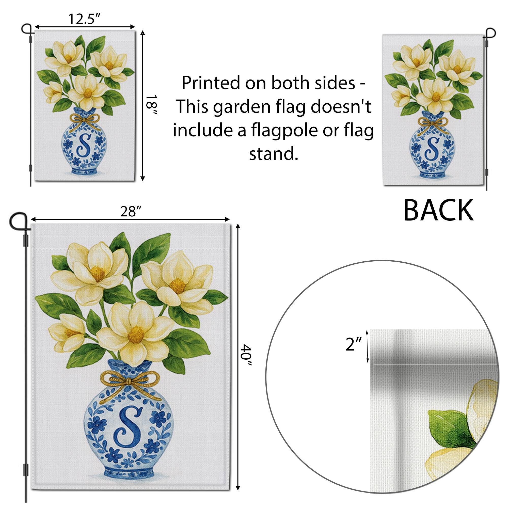Monogram Magnolia Garden Flag – Blue Chinoiserie Vase Yard Decor, Personalized Outdoor Floral Flag for Spring Summer Porch or Lawn