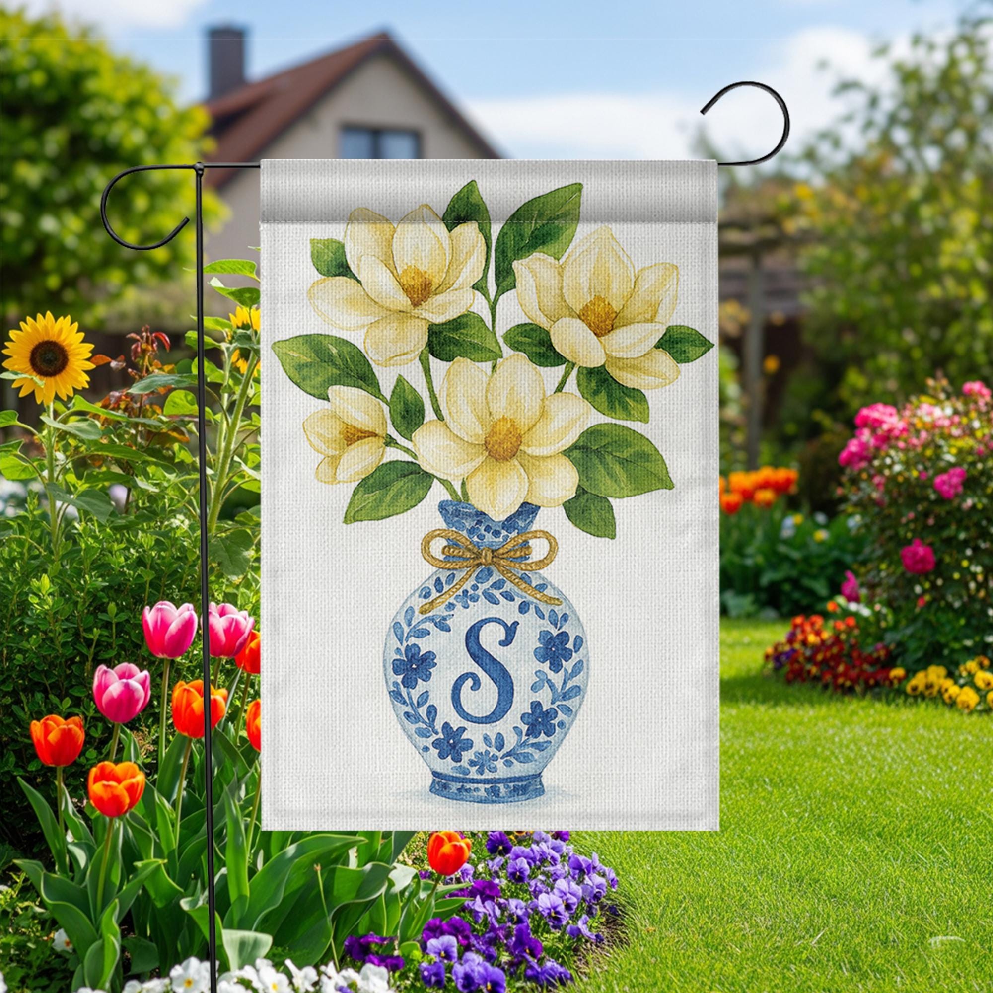 Monogram Magnolia Garden Flag – Blue Chinoiserie Vase Yard Decor, Personalized Outdoor Floral Flag for Spring Summer Porch or Lawn