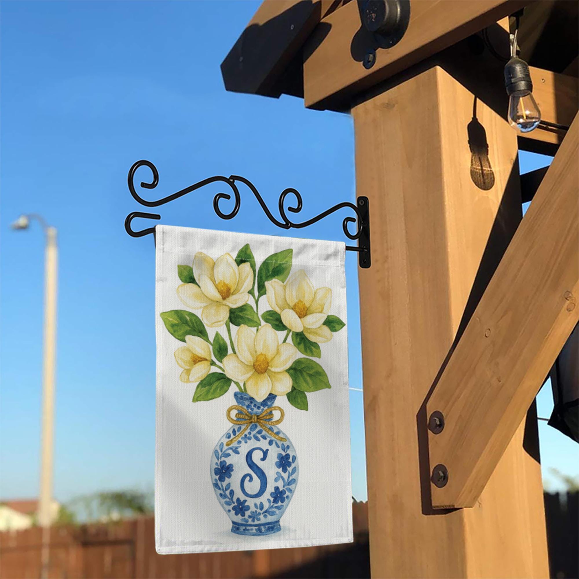 Monogram Magnolia Garden Flag – Blue Chinoiserie Vase Yard Decor, Personalized Outdoor Floral Flag for Spring Summer Porch or Lawn