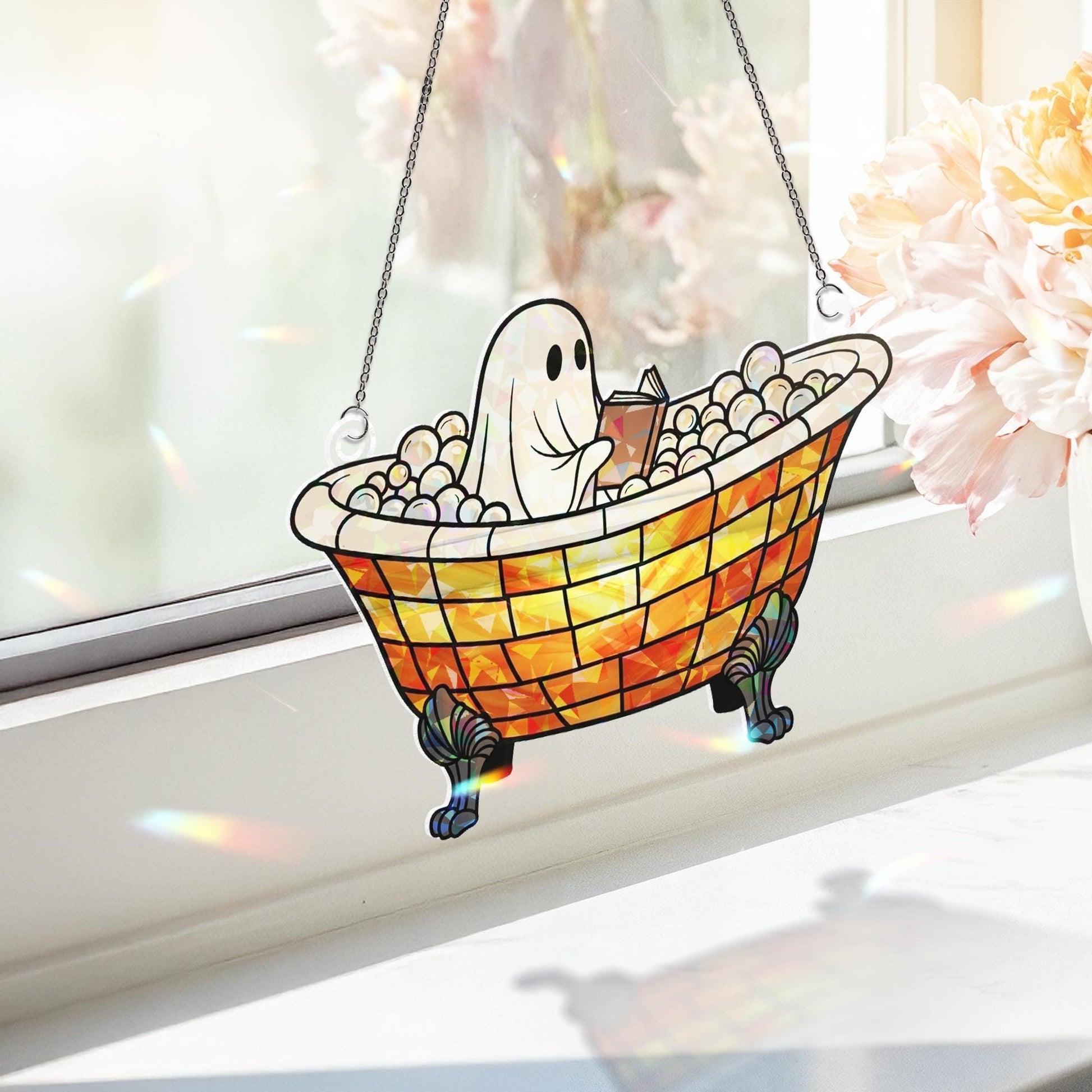Ghost Reading In Bathtub Suncatcher, Funny Bathroom Window Decor, Acrylic Ghost Reading Sign, Holographic Halloween Bath Art