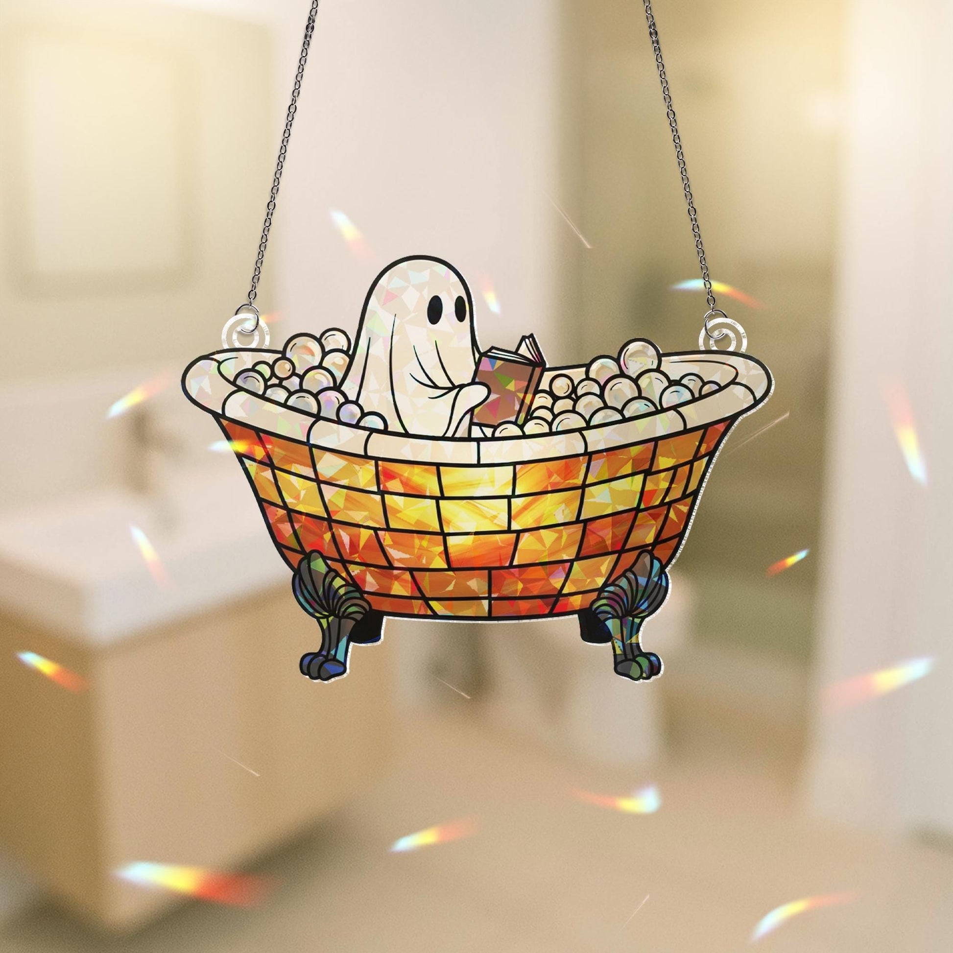 Ghost Reading In Bathtub Suncatcher, Funny Bathroom Window Decor, Acrylic Ghost Reading Sign, Holographic Halloween Bath Art