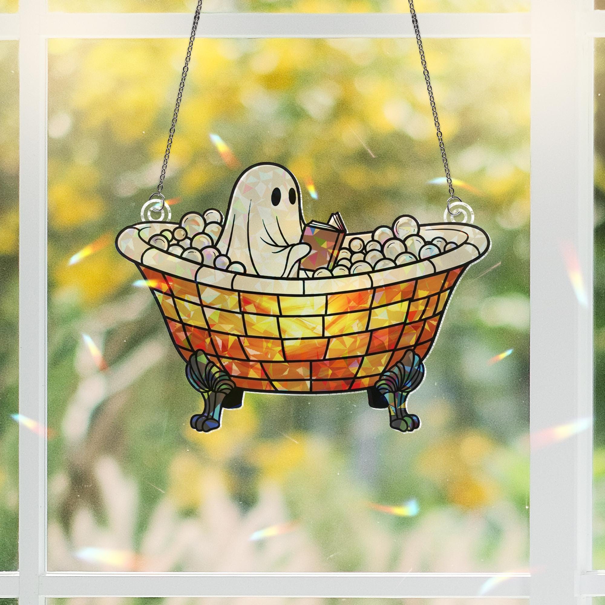 Ghost Reading In Bathtub Suncatcher, Funny Bathroom Window Decor, Acrylic Ghost Reading Sign, Holographic Halloween Bath Art