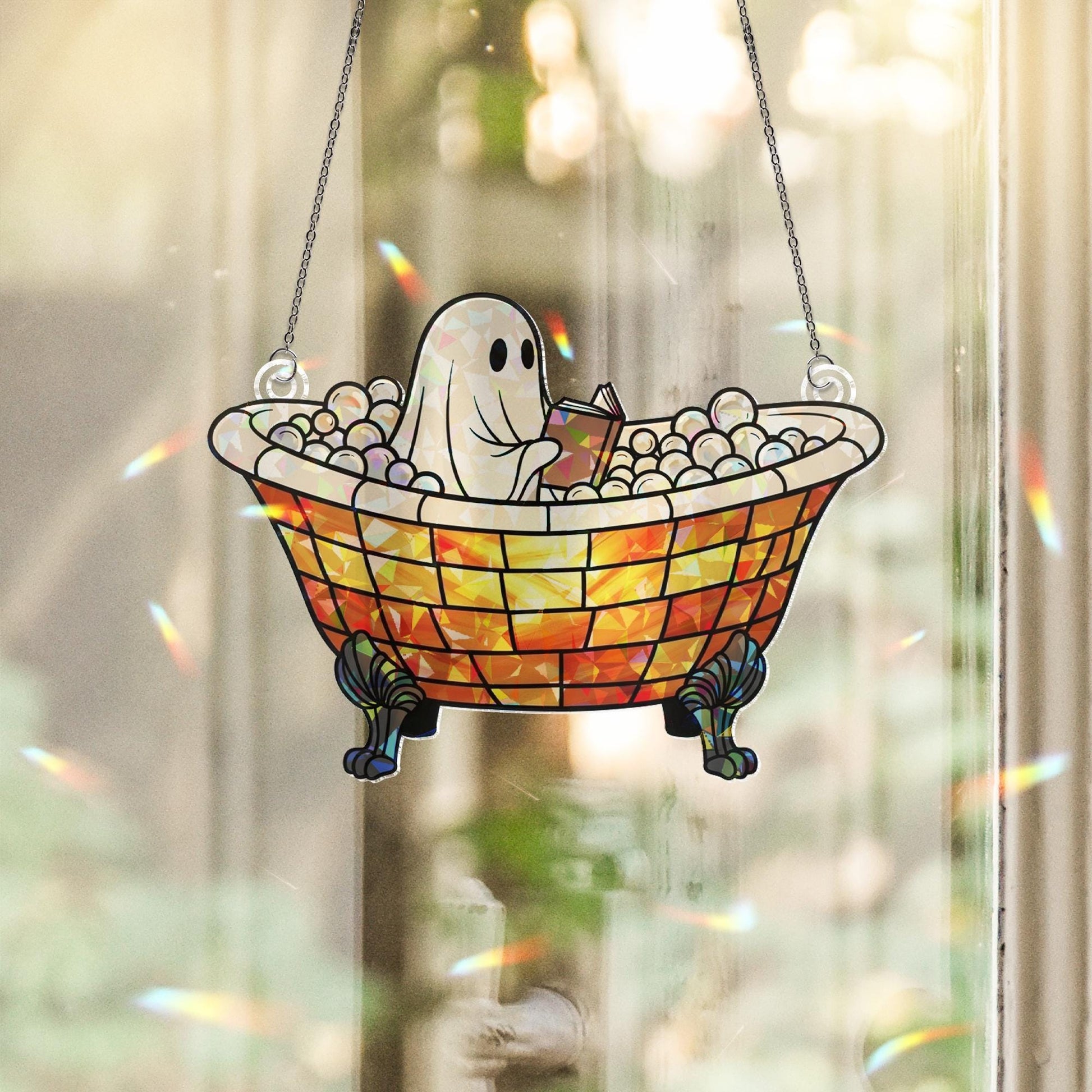 Ghost Reading In Bathtub Suncatcher, Funny Bathroom Window Decor, Acrylic Ghost Reading Sign, Holographic Halloween Bath Art
