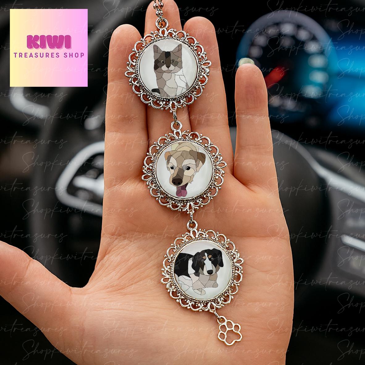 Custom Pet Portrait Car Charm | Personalized Pet Photo Rearview Mirror Accessory | Cat & Dog Memorial Gift | Pet Owner Car Decoration