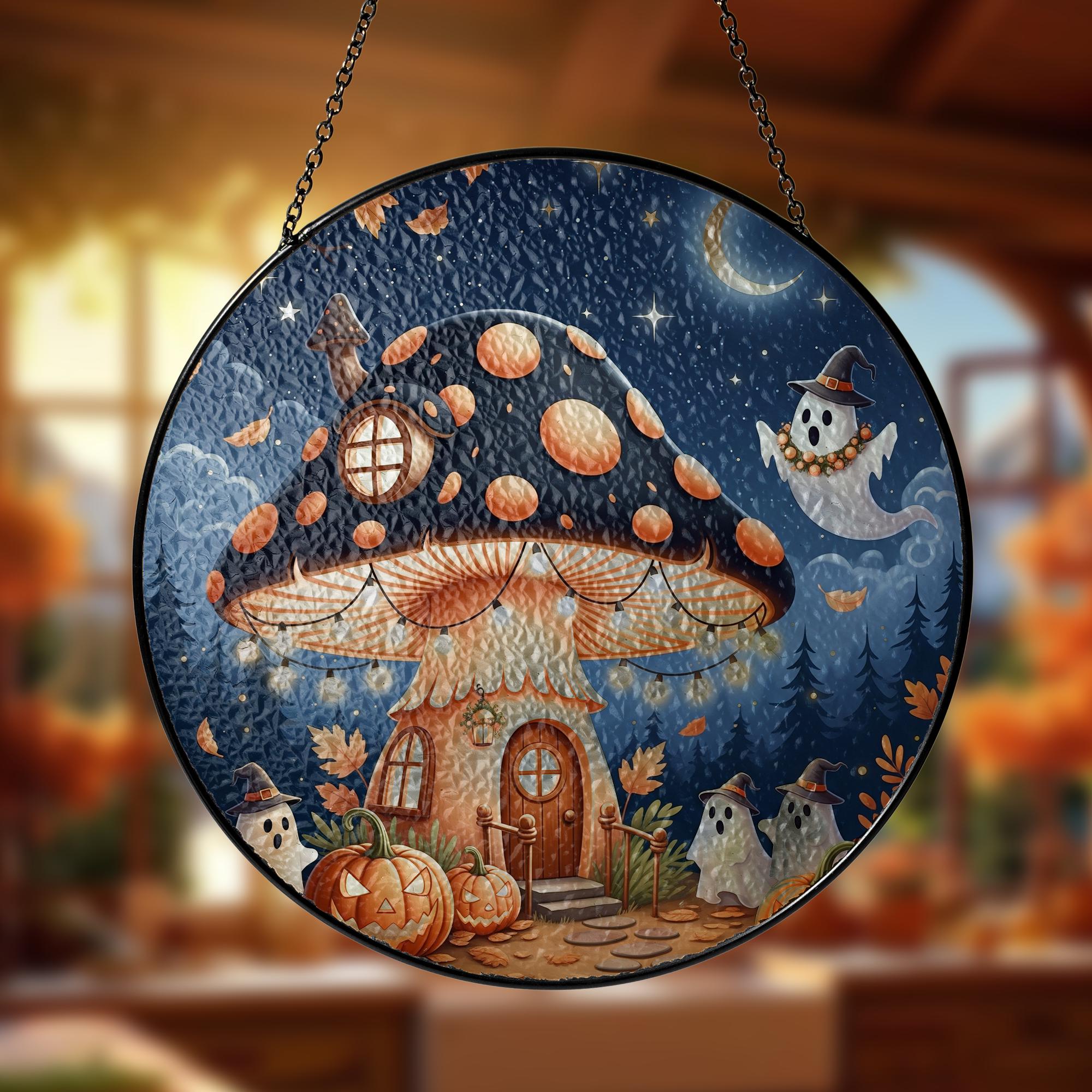 Handmade Glass Mushroom House Suncatcher with Ghosts & Pumpkins, Suncatcher Halloween Night Window Hanging Decor, Home Decor Gift Idea