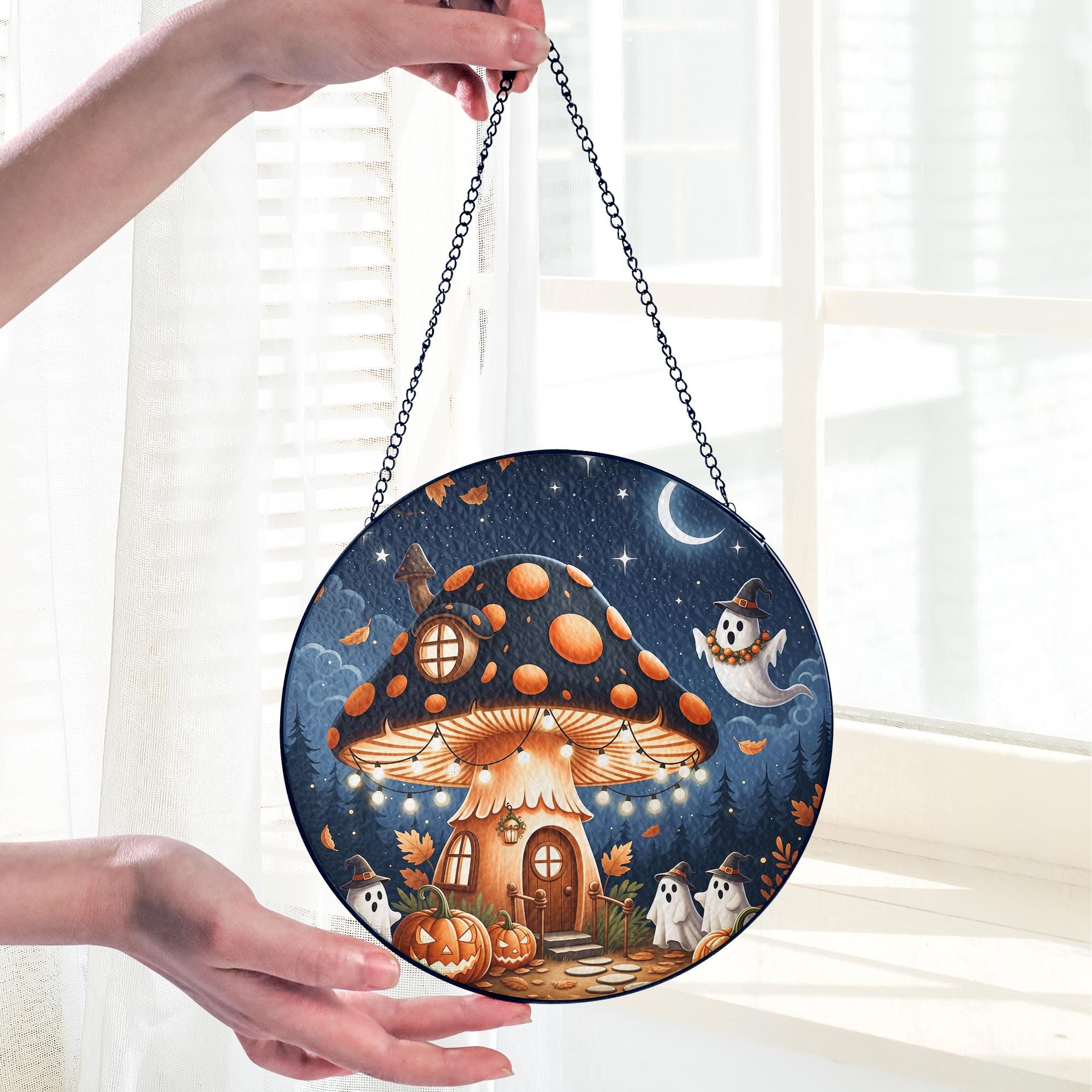 Handmade Glass Mushroom House Suncatcher with Ghosts & Pumpkins, Suncatcher Halloween Night Window Hanging Decor, Home Decor Gift Idea