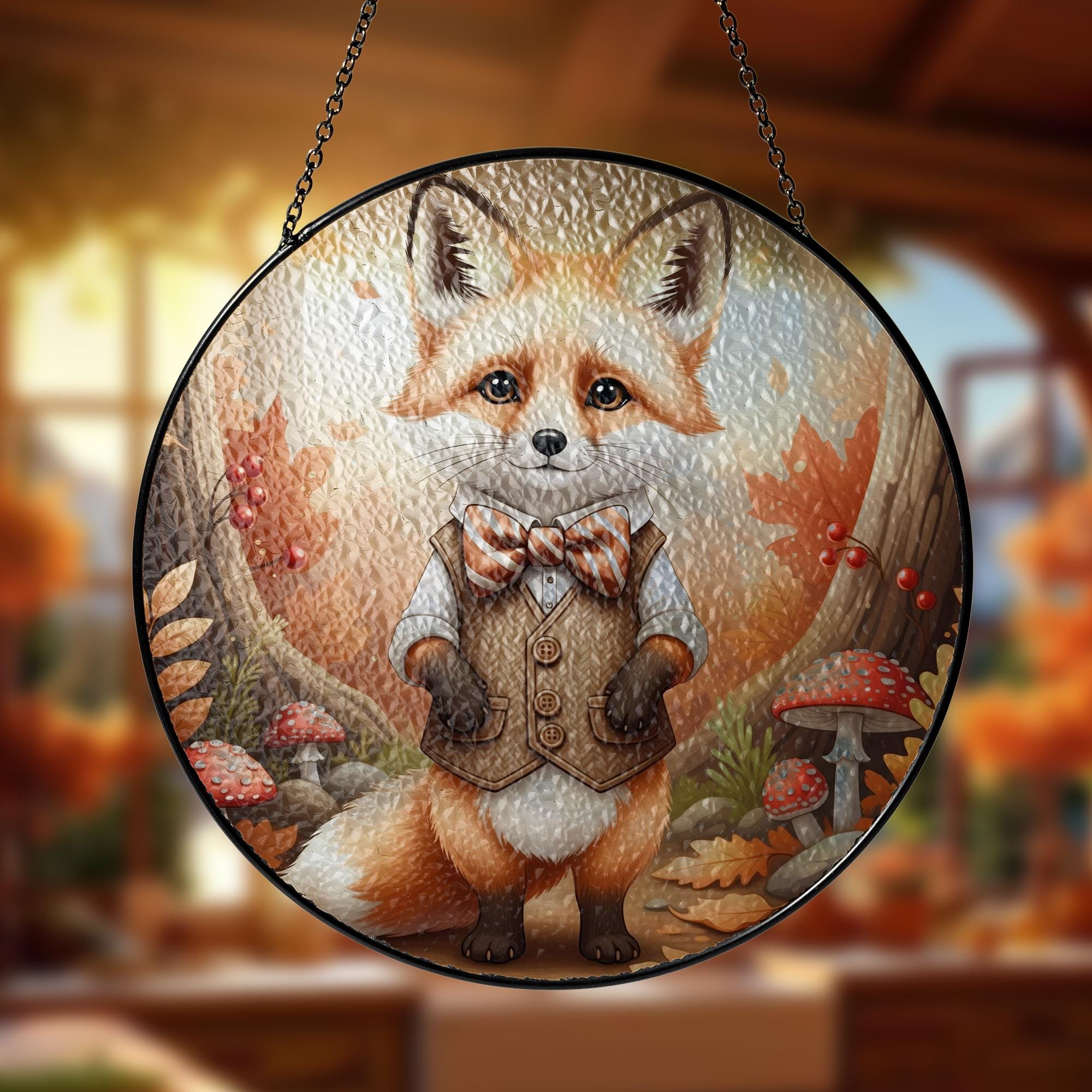 Glass Fox Sun Catcher, Fox in Autumn Forest Window Hanging, Handmade Fall Nature Decor, Elegant Woodland Gift, Home Decor Gift For Mom, Her