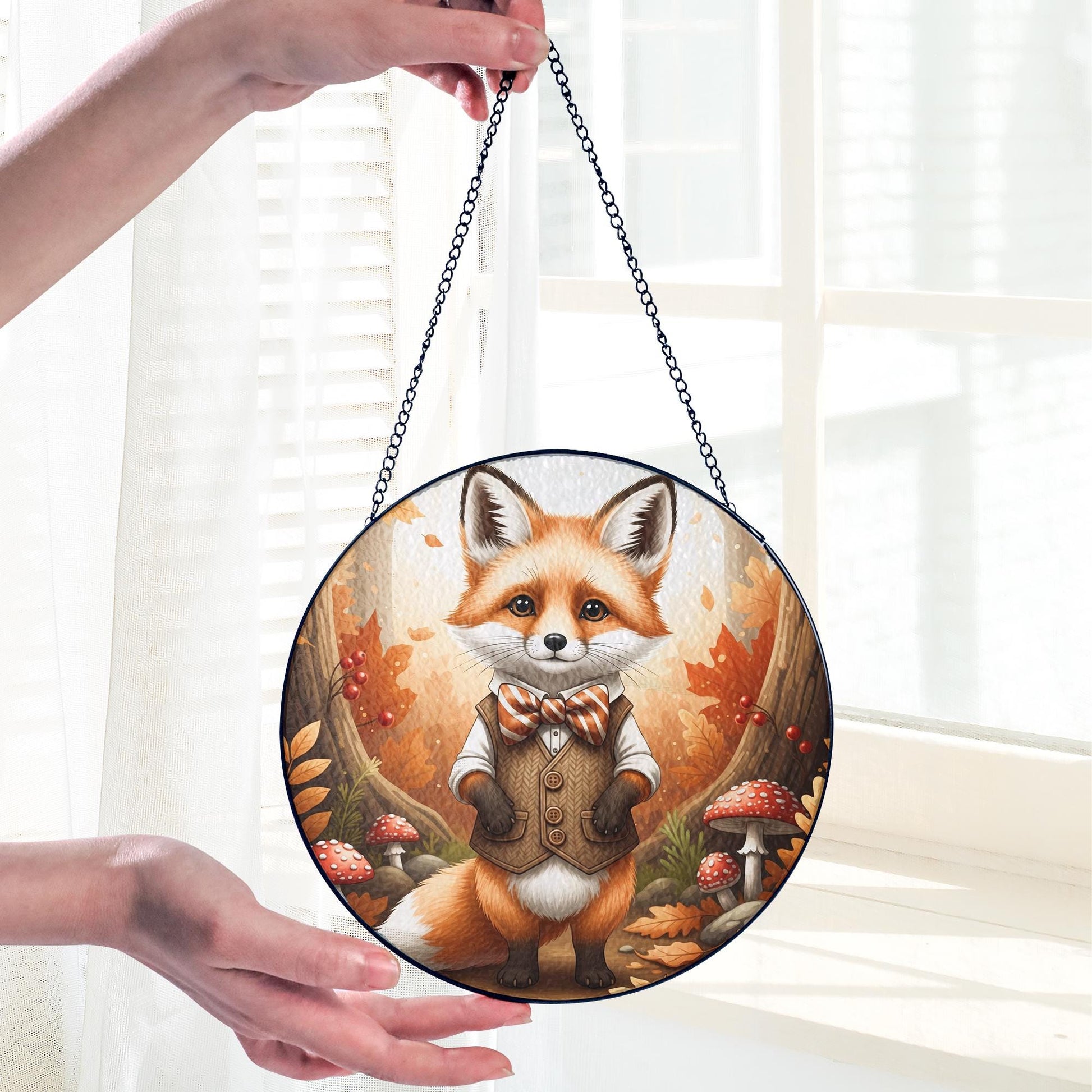 Glass Fox Sun Catcher, Fox in Autumn Forest Window Hanging, Handmade Fall Nature Decor, Elegant Woodland Gift, Home Decor Gift For Mom, Her
