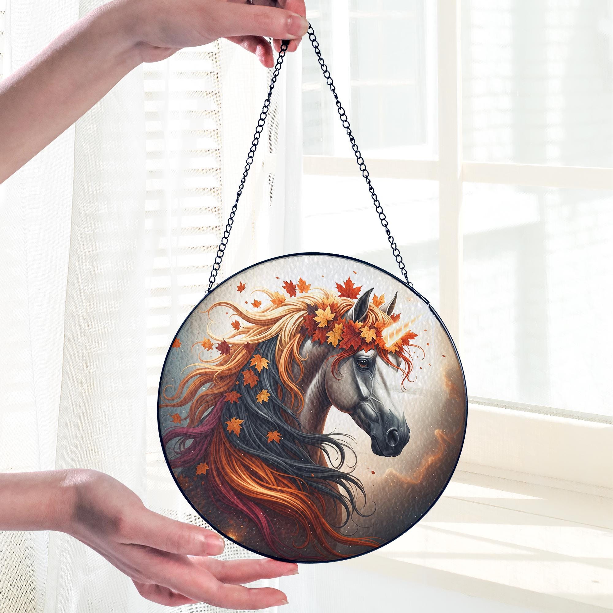 Autumn Horse Glass Suncatcher, Real Glass Horse Hanging Decor with Falling Leaves, Fall Nature Window Ornament Gift, Cute Gift For Her