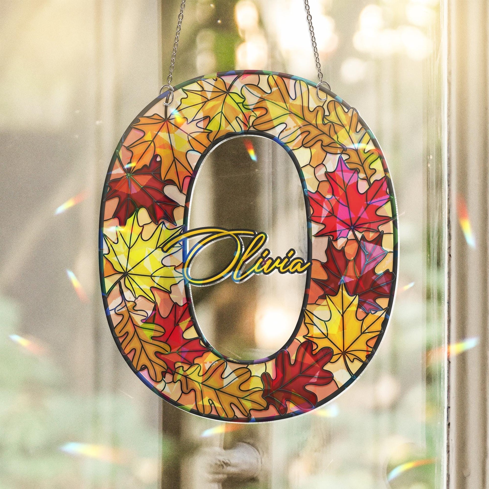 Custom Name & Letter Acrylic Suncatcher, Cute Suncatcher Autumn Leaf Monogram, Personalized Window Hanging Gift, Custom Cute Gift