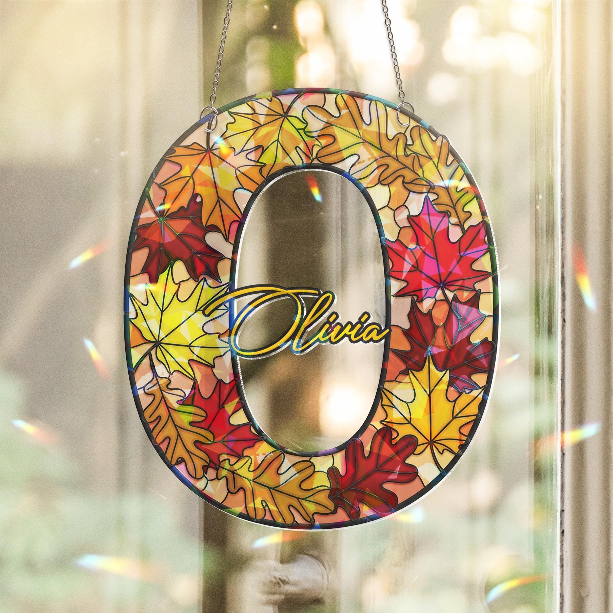 Custom Name & Letter Acrylic Suncatcher, Cute Suncatcher Autumn Leaf Monogram, Personalized Window Hanging Gift, Custom Cute Gift