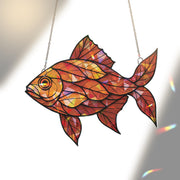 Acrylic Leaf Pattern Fish Suncatcher, Suncatcher Orange Fish Ornament, Autumn Window Hanging, Nature Decor Gift, Cute Fall Gift