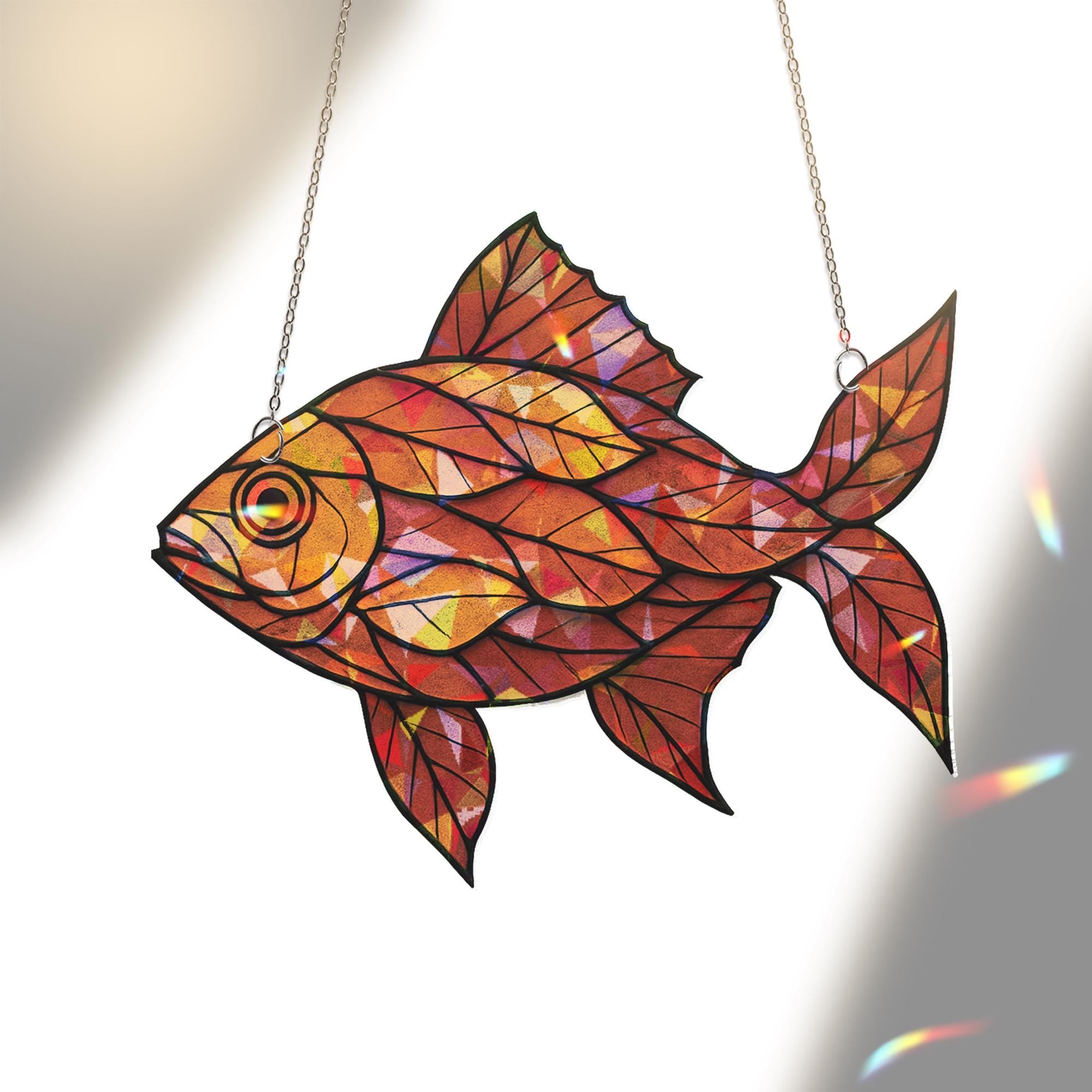 Acrylic Leaf Pattern Fish Suncatcher, Suncatcher Orange Fish Ornament, Autumn Window Hanging, Nature Decor Gift, Cute Fall Gift