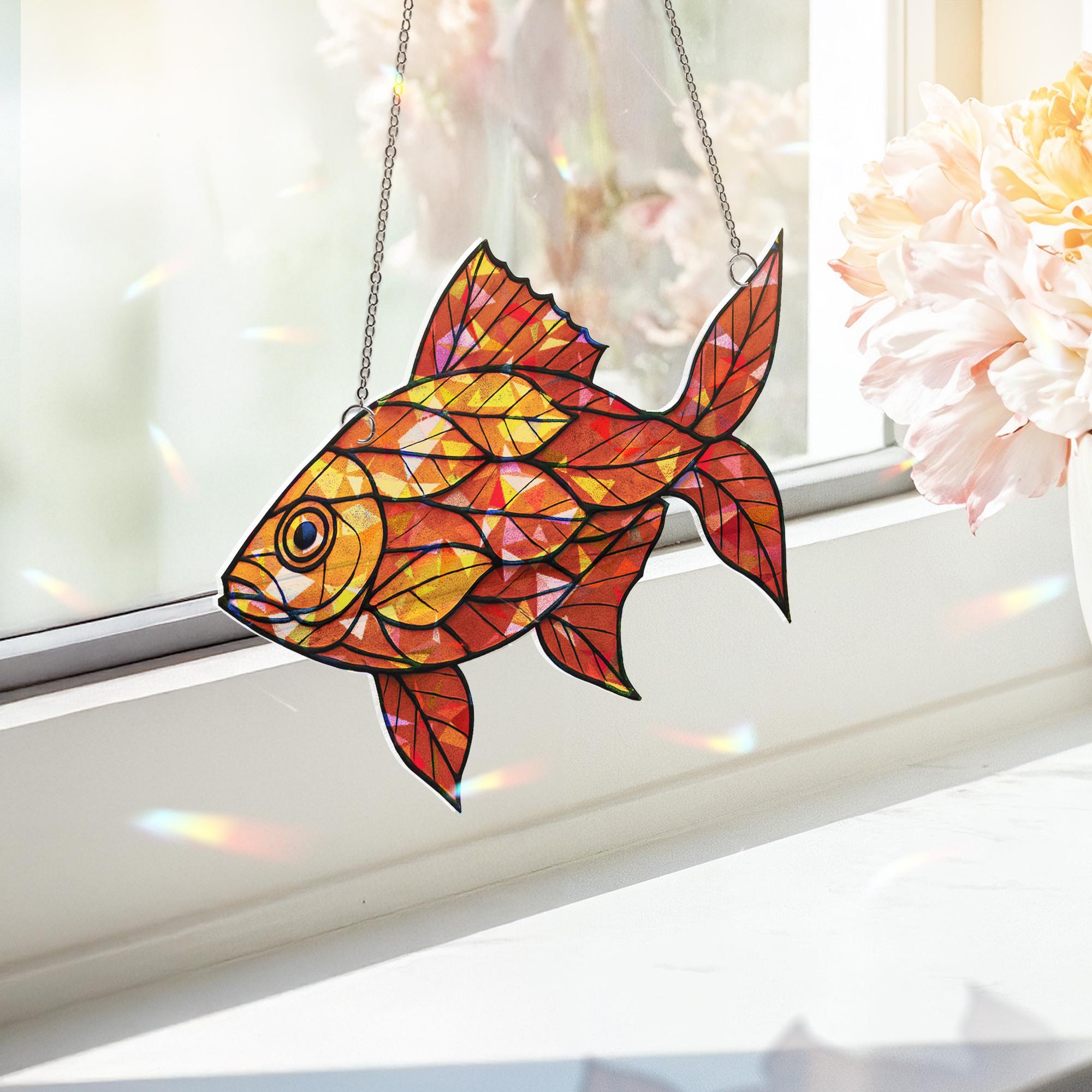 Acrylic Leaf Pattern Fish Suncatcher, Suncatcher Orange Fish Ornament, Autumn Window Hanging, Nature Decor Gift, Cute Fall Gift
