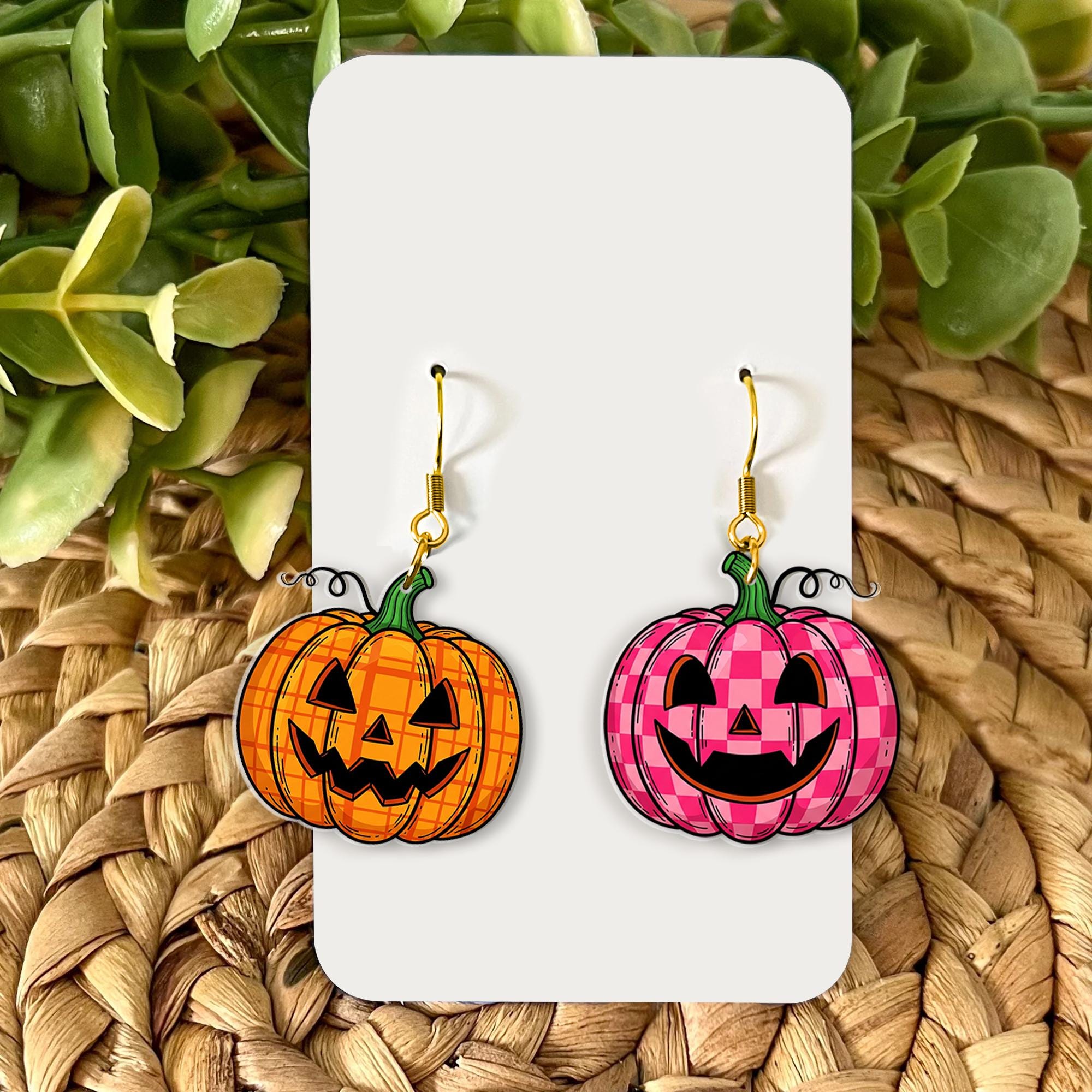 Fall Halloween Pumpkin Earrings, Jack‑o‑Lantern Plaid Jack O Lantern Dangle Earrings, Cute Spooky Halloween Jewelry