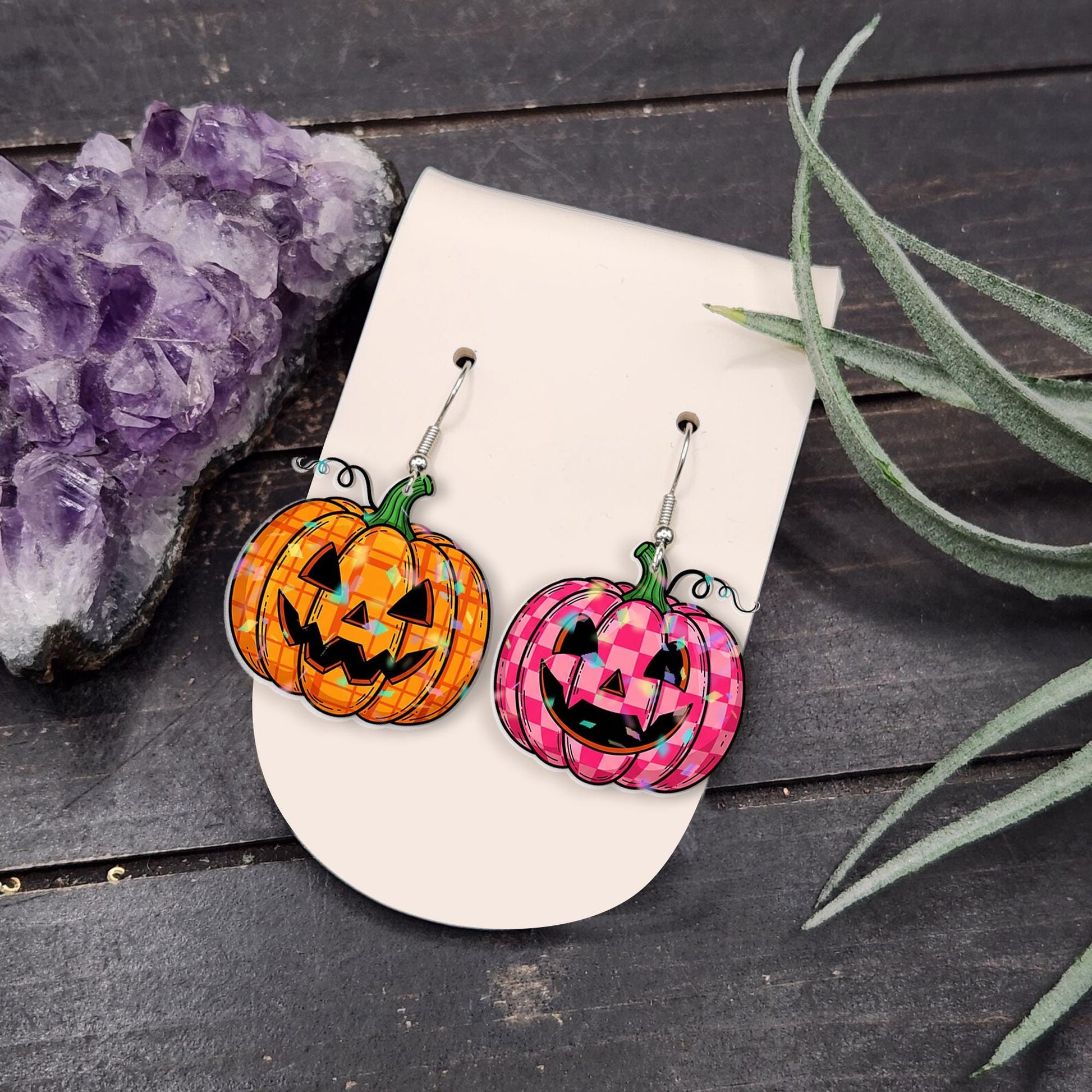 Fall Halloween Pumpkin Earrings, Jack‑o‑Lantern Plaid Jack O Lantern Dangle Earrings, Cute Spooky Halloween Jewelry