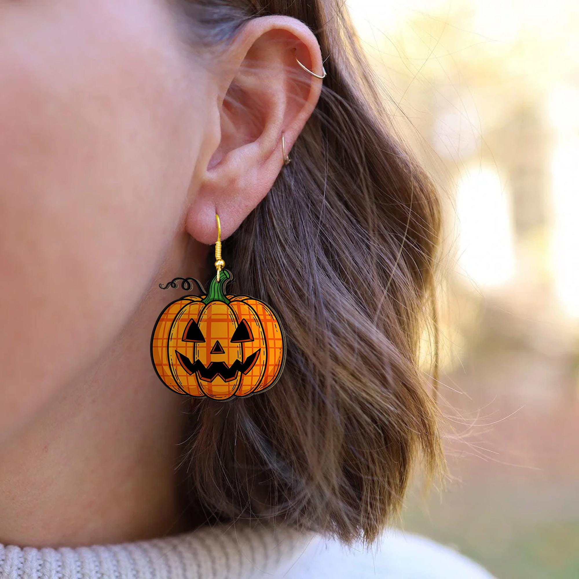 Fall Halloween Pumpkin Earrings, Jack‑o‑Lantern Plaid Jack O Lantern Dangle Earrings, Cute Spooky Halloween Jewelry