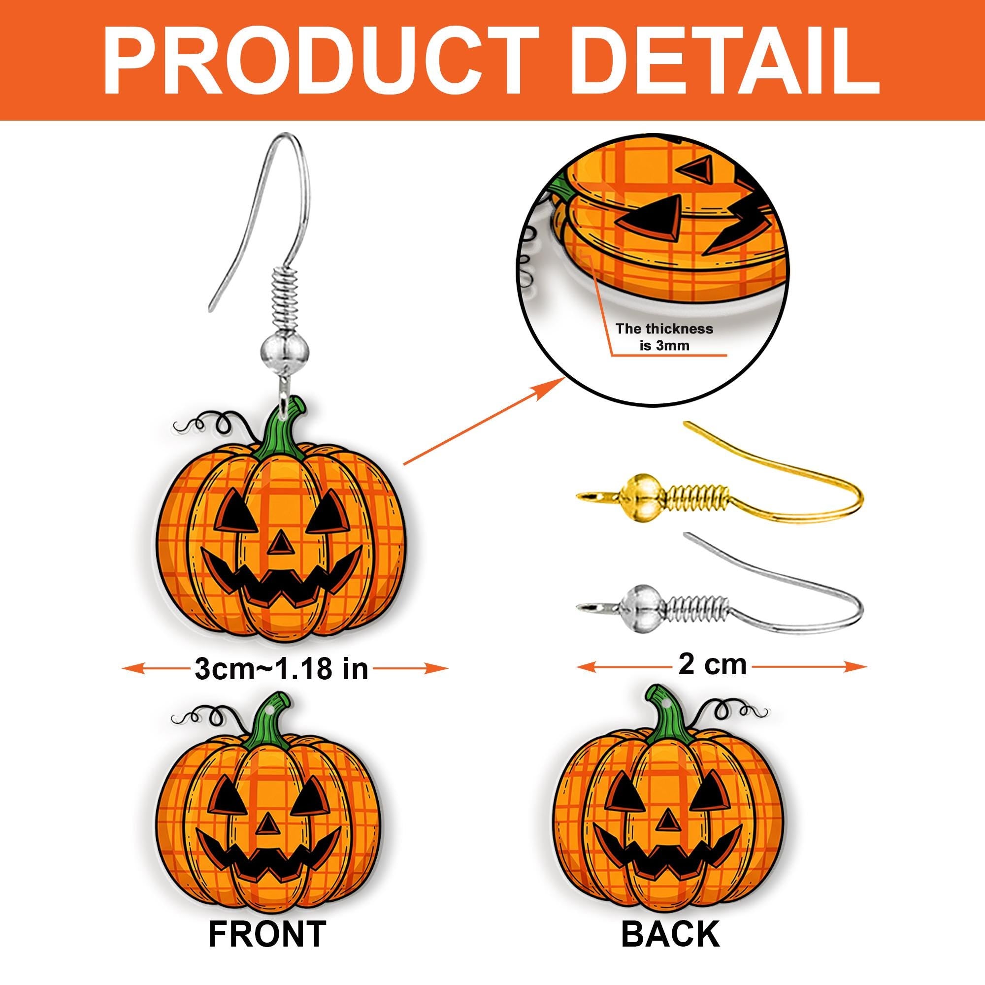 Fall Halloween Pumpkin Earrings, Jack‑o‑Lantern Plaid Jack O Lantern Dangle Earrings, Cute Spooky Halloween Jewelry