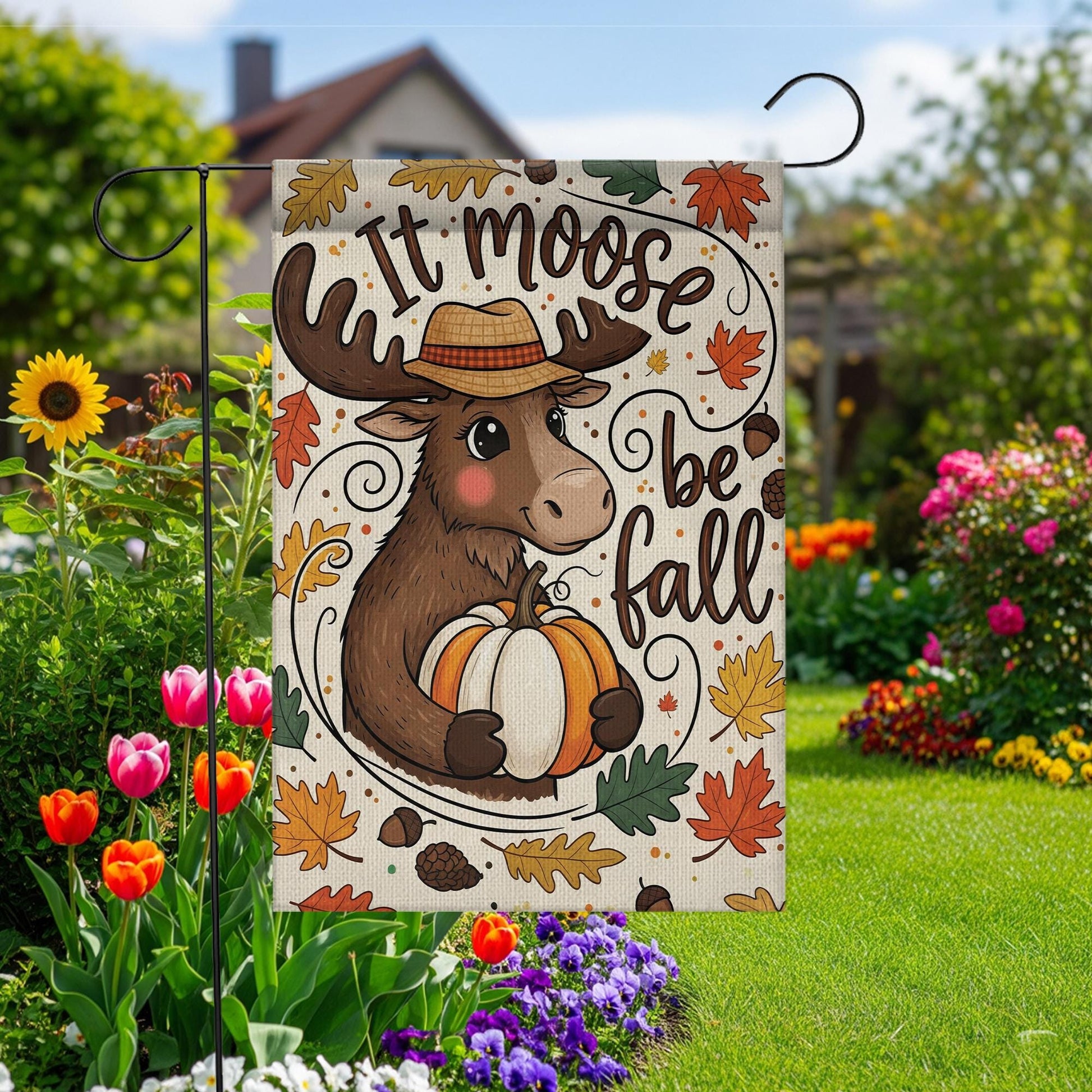 It Moose Be Fall Garden Flag, Cute Fall Yard Decor, Moose Pumpkin Decorative Flag, Autumn Outdoor Porch Decoration