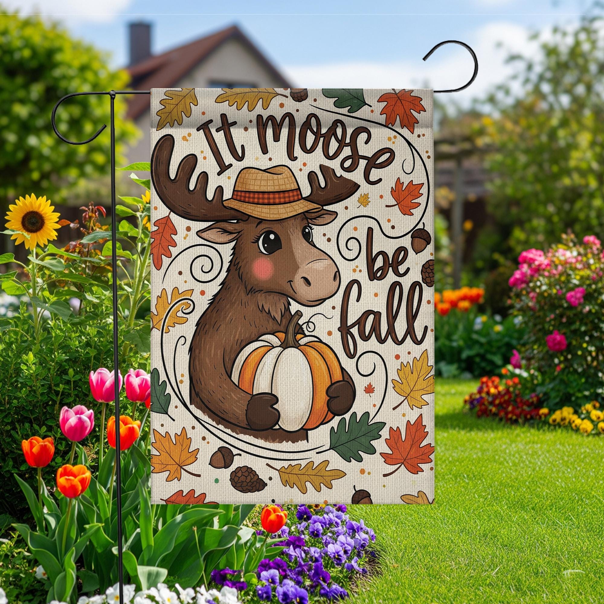It Moose Be Fall Garden Flag, Cute Fall Yard Decor, Moose Pumpkin Decorative Flag, Autumn Outdoor Porch Decoration