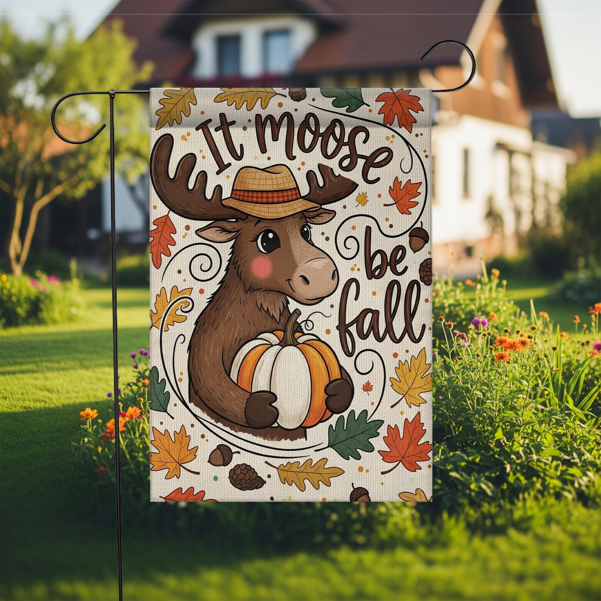 It Moose Be Fall Garden Flag, Cute Fall Yard Decor, Moose Pumpkin Decorative Flag, Autumn Outdoor Porch Decoration