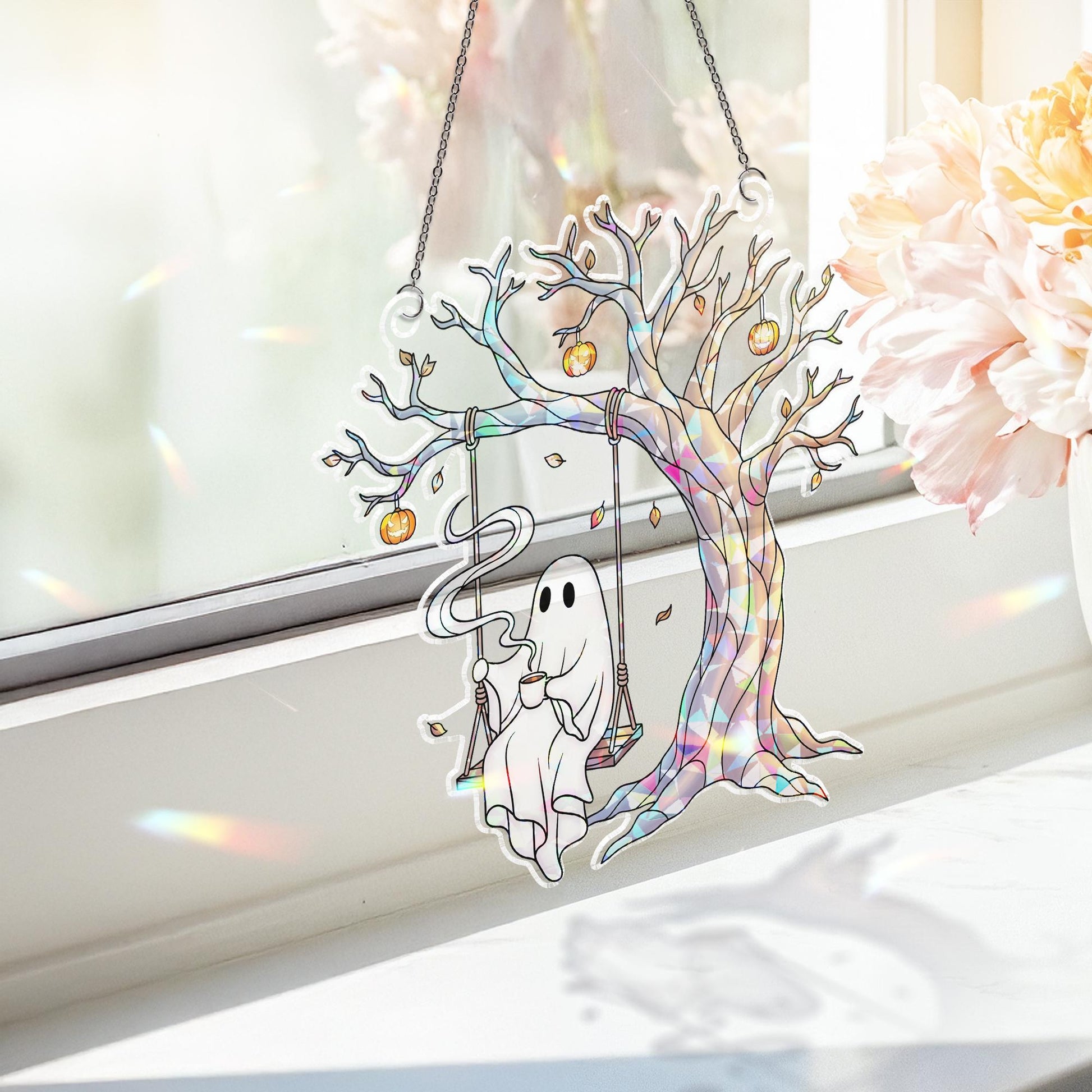 Hologram Ghost Swing Suncatcher, Halloween Holographic Window Decor, Spooky Tree Hanging Light Catcher, Ghost Acrylic Ornament