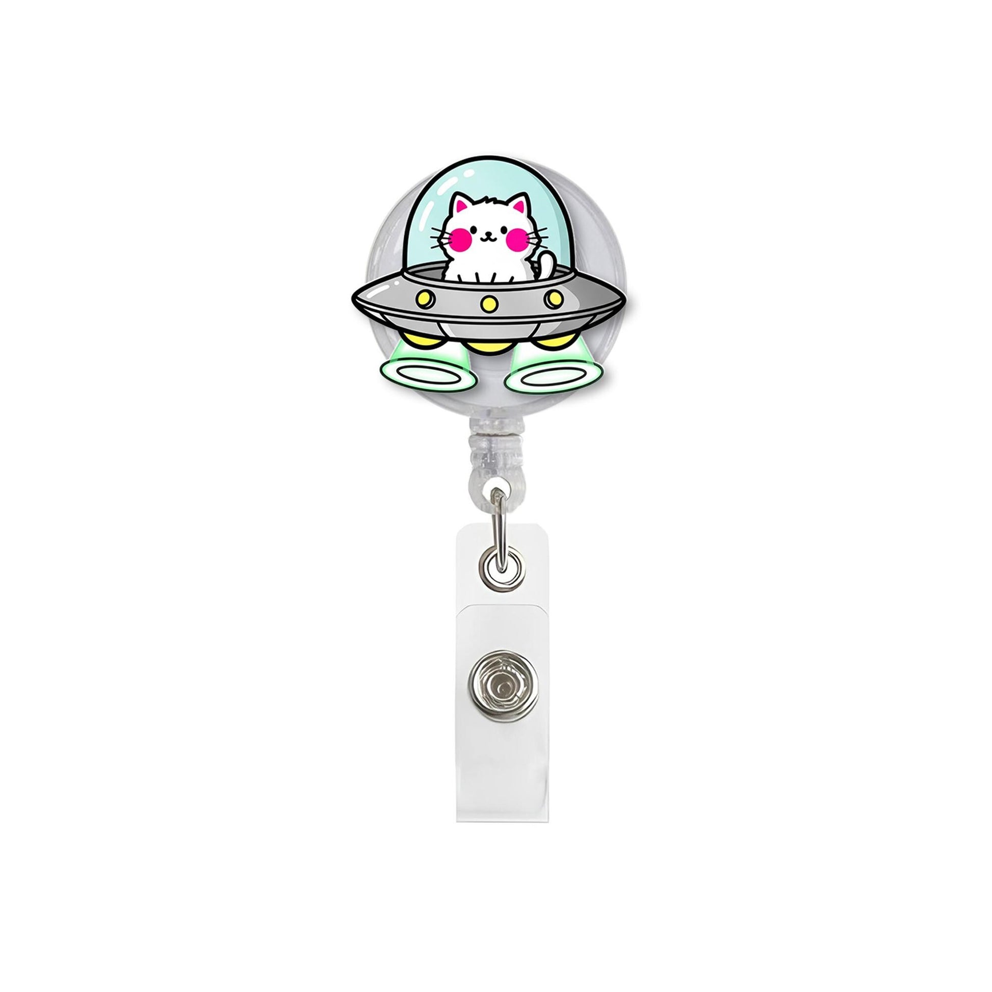 Cute Cat UFO Badge Reel, Space Kitty Retractable Reel, Cat Alien ID Holder, UFO Badge Reel Gift for Nurses & Teachers