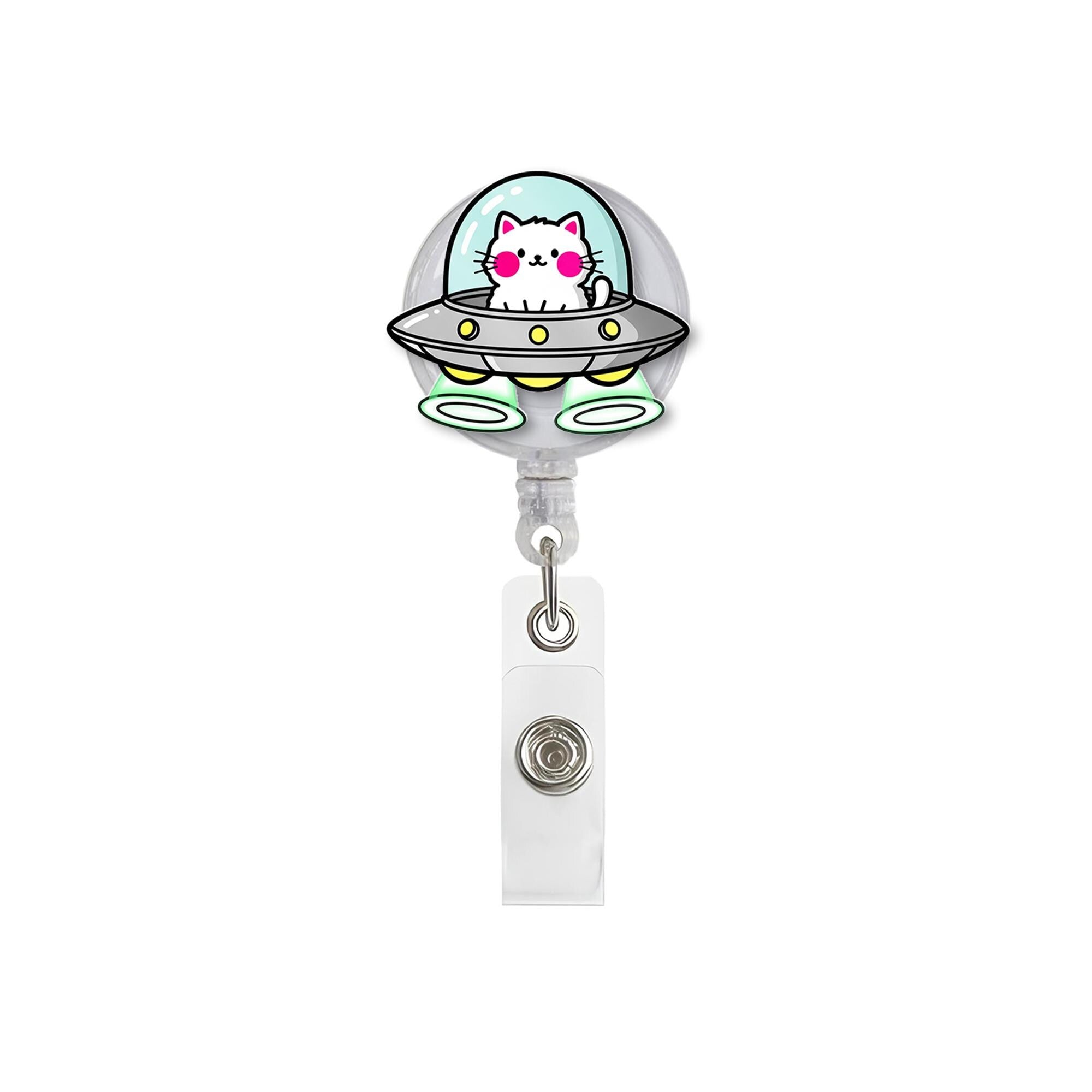 Cute Cat UFO Badge Reel, Space Kitty Retractable Reel, Cat Alien ID Holder, UFO Badge Reel Gift for Nurses & Teachers