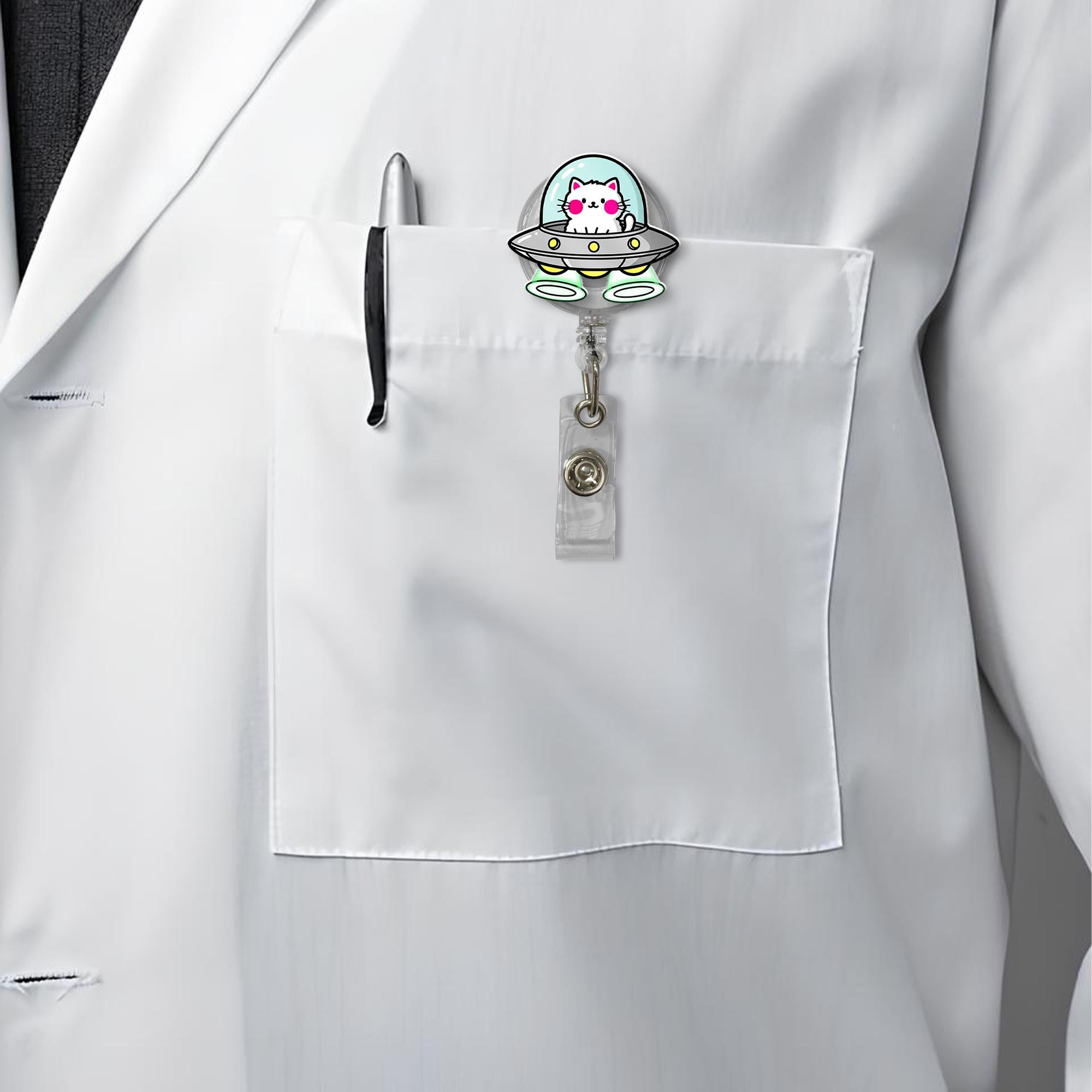 Cute Cat UFO Badge Reel, Space Kitty Retractable Reel, Cat Alien ID Holder, UFO Badge Reel Gift for Nurses & Teachers