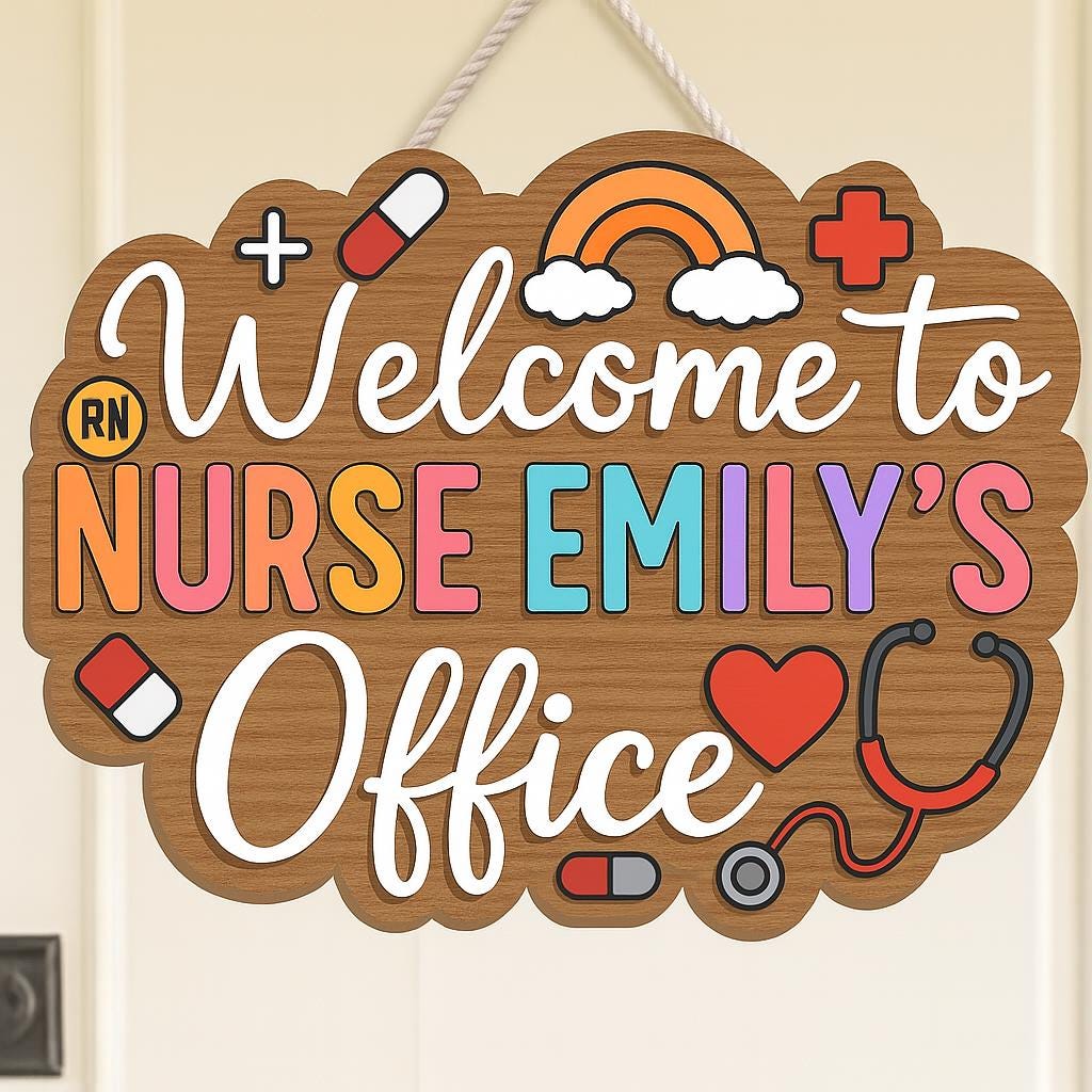 Personalized Nurse Office Sign – Welcome Door Sign with Name – Cute RN Decor with Medical Icons – Custom Nurse Gift for Clinic or School