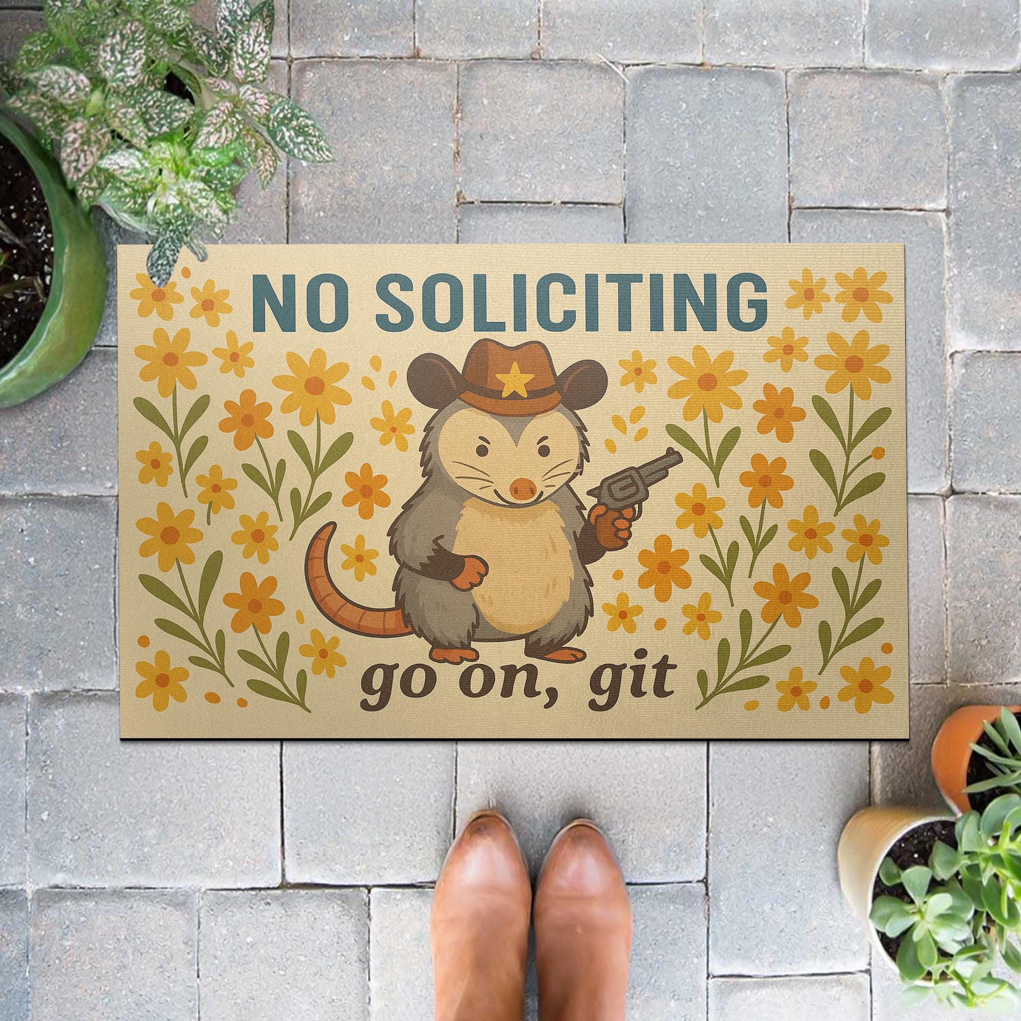 Funny No Soliciting Doormat – Cowboy Opossum Welcome Mat – Western Front Porch Decor – Go On Git Doormat – Rustic Outdoor Entry Rug