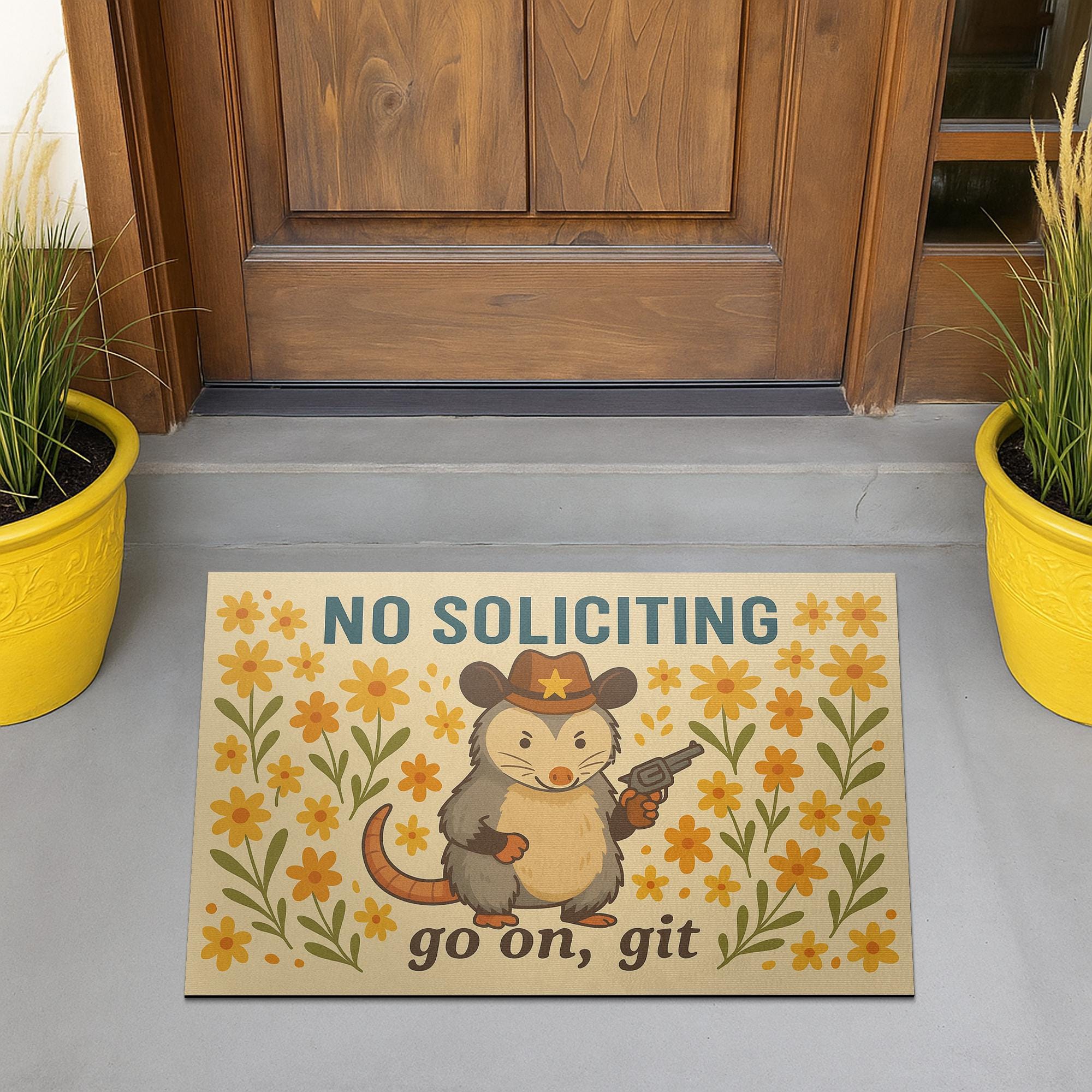 Funny No Soliciting Doormat – Cowboy Opossum Welcome Mat – Western Front Porch Decor – Go On Git Doormat – Rustic Outdoor Entry Rug