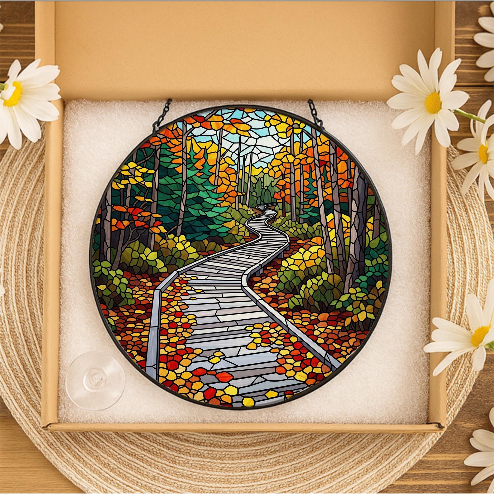 Acadia National Park Faux Stained Glass Suncatcher – Autumn Forest Scenic Window Hanging Nature Lover Gift Home Decor