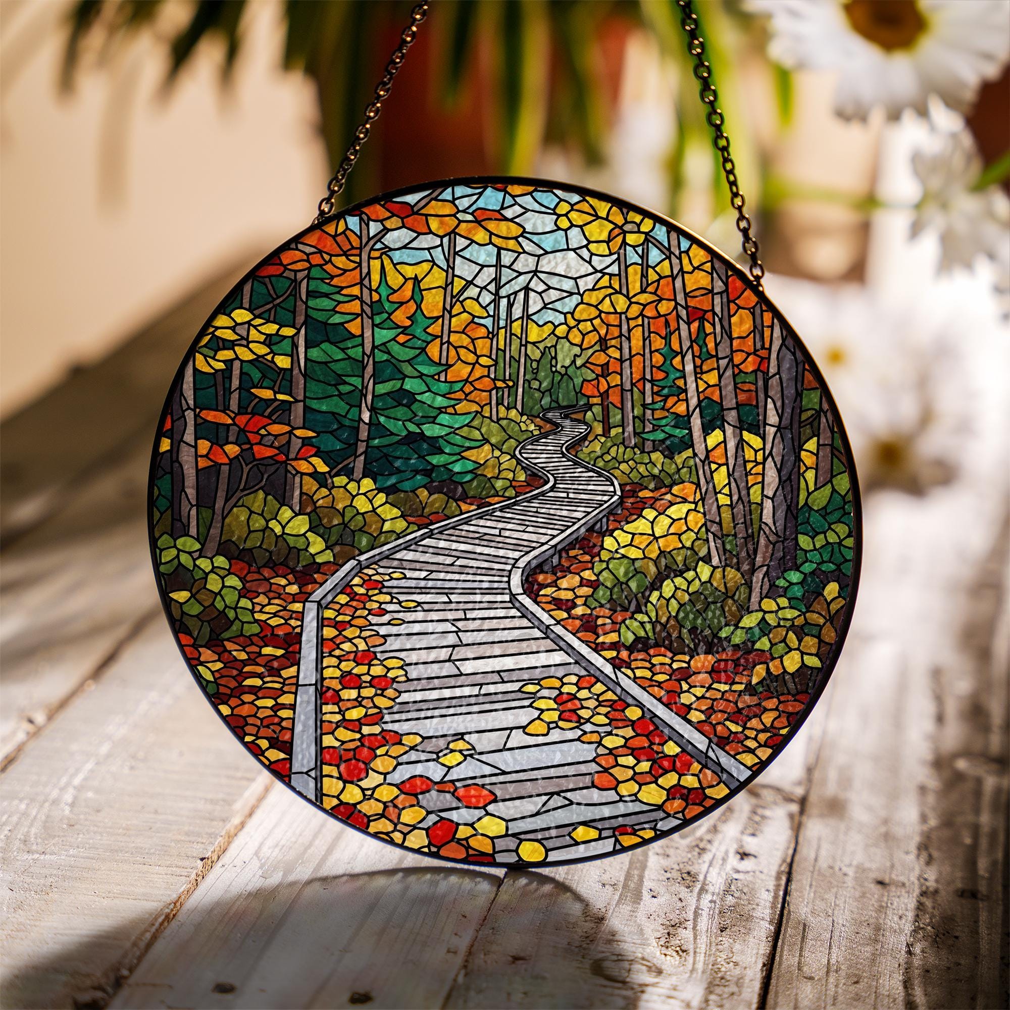 Acadia National Park Faux Stained Glass Suncatcher – Autumn Forest Scenic Window Hanging Nature Lover Gift Home Decor