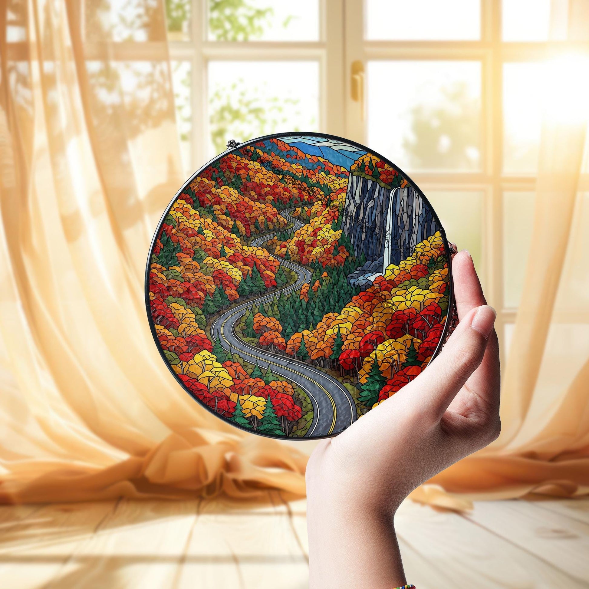 Hawk’s Nest Road Faux Stained Glass Suncatcher – Autumn Scenic Drive Window Hanging Nature Lover Home Decor Gift