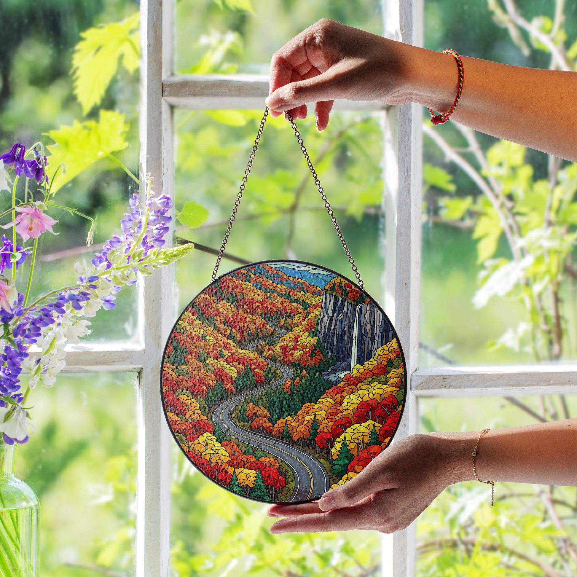 Hawk’s Nest Road Faux Stained Glass Suncatcher – Autumn Scenic Drive Window Hanging Nature Lover Home Decor Gift