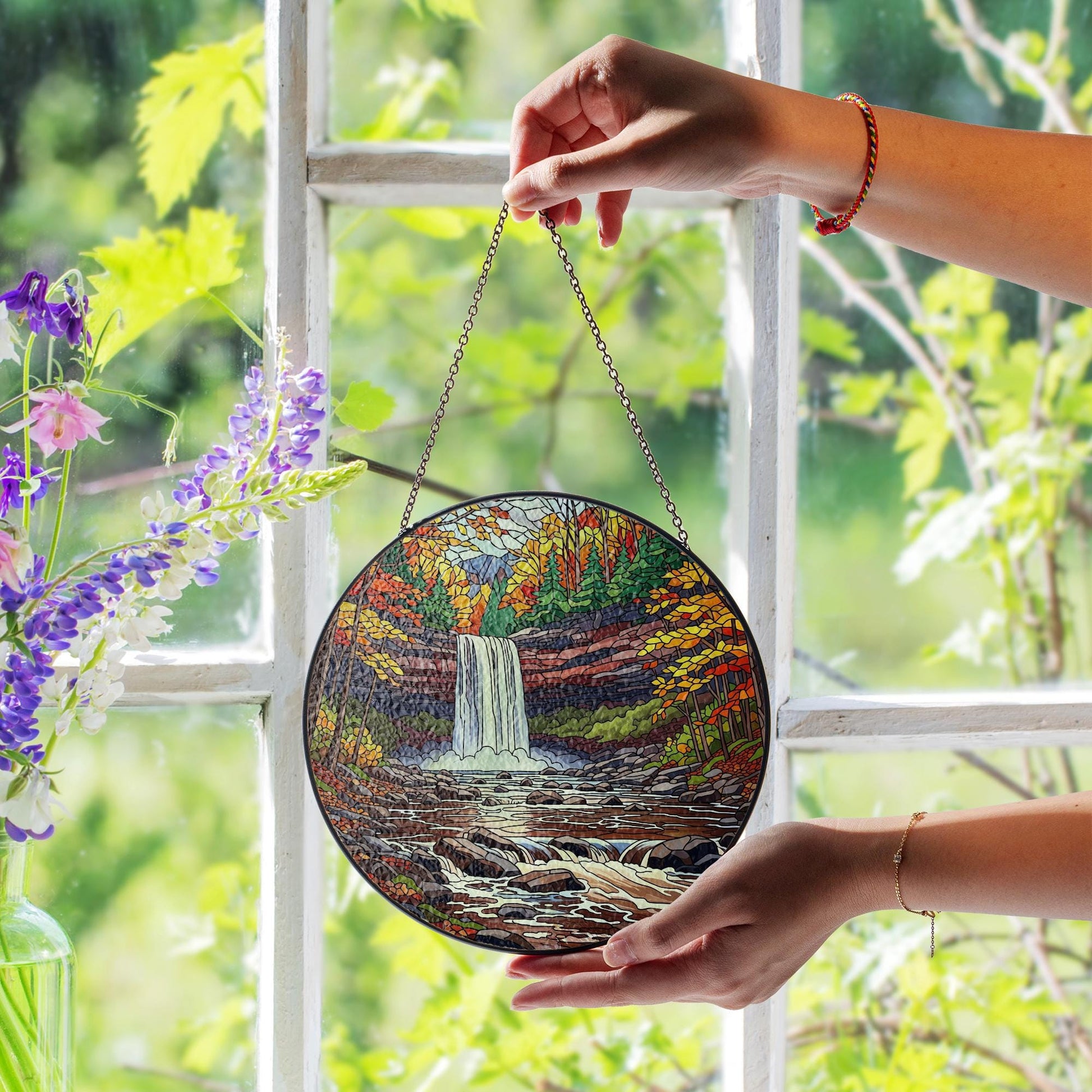 Kaaterskill Falls Faux Stained Glass Suncatcher – Autumn Waterfall Scenic Window Hanging Nature Lover Home Decor Gift
