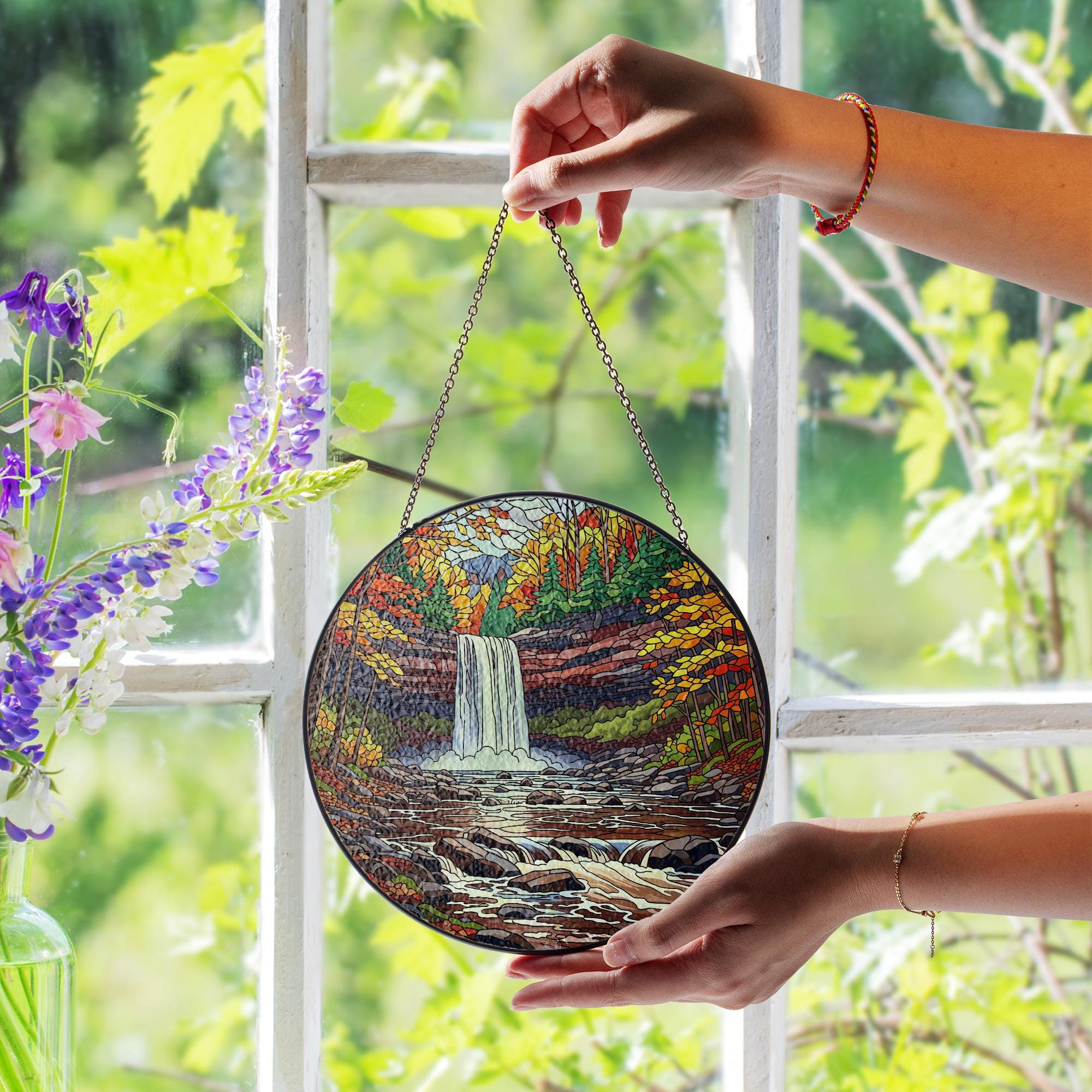 Kaaterskill Falls Faux Stained Glass Suncatcher – Autumn Waterfall Scenic Window Hanging Nature Lover Home Decor Gift