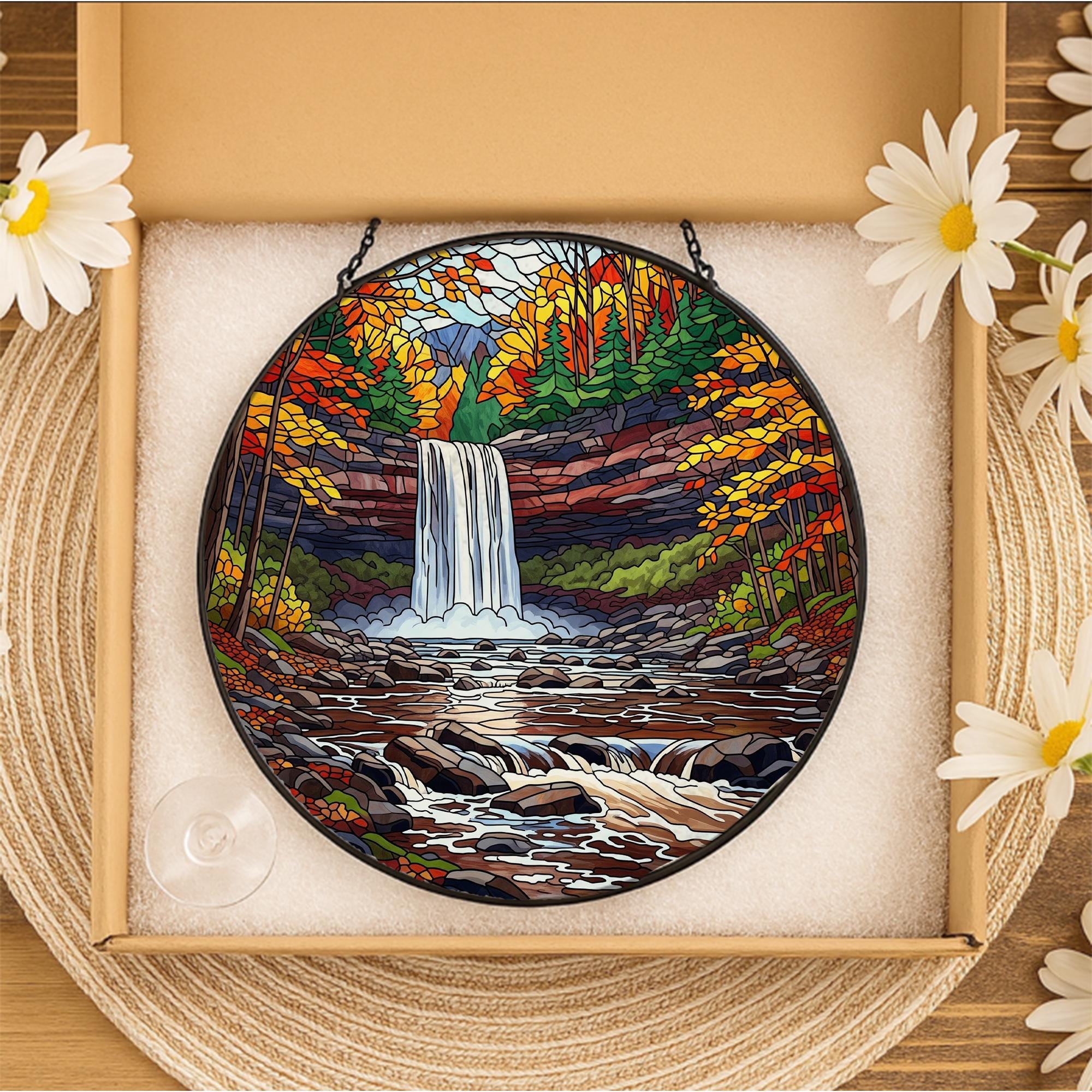 Kaaterskill Falls Faux Stained Glass Suncatcher – Autumn Waterfall Scenic Window Hanging Nature Lover Home Decor Gift