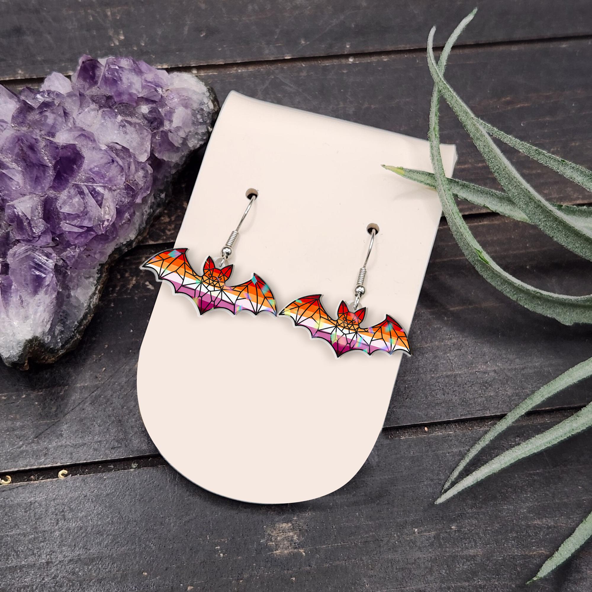 Lesbian Bat Earrings – Sapphic Pride Flag Dangles – Gothic Queer Jewelry – Cute Halloween Lesbian Gift – Spooky LGBTQ Earrings