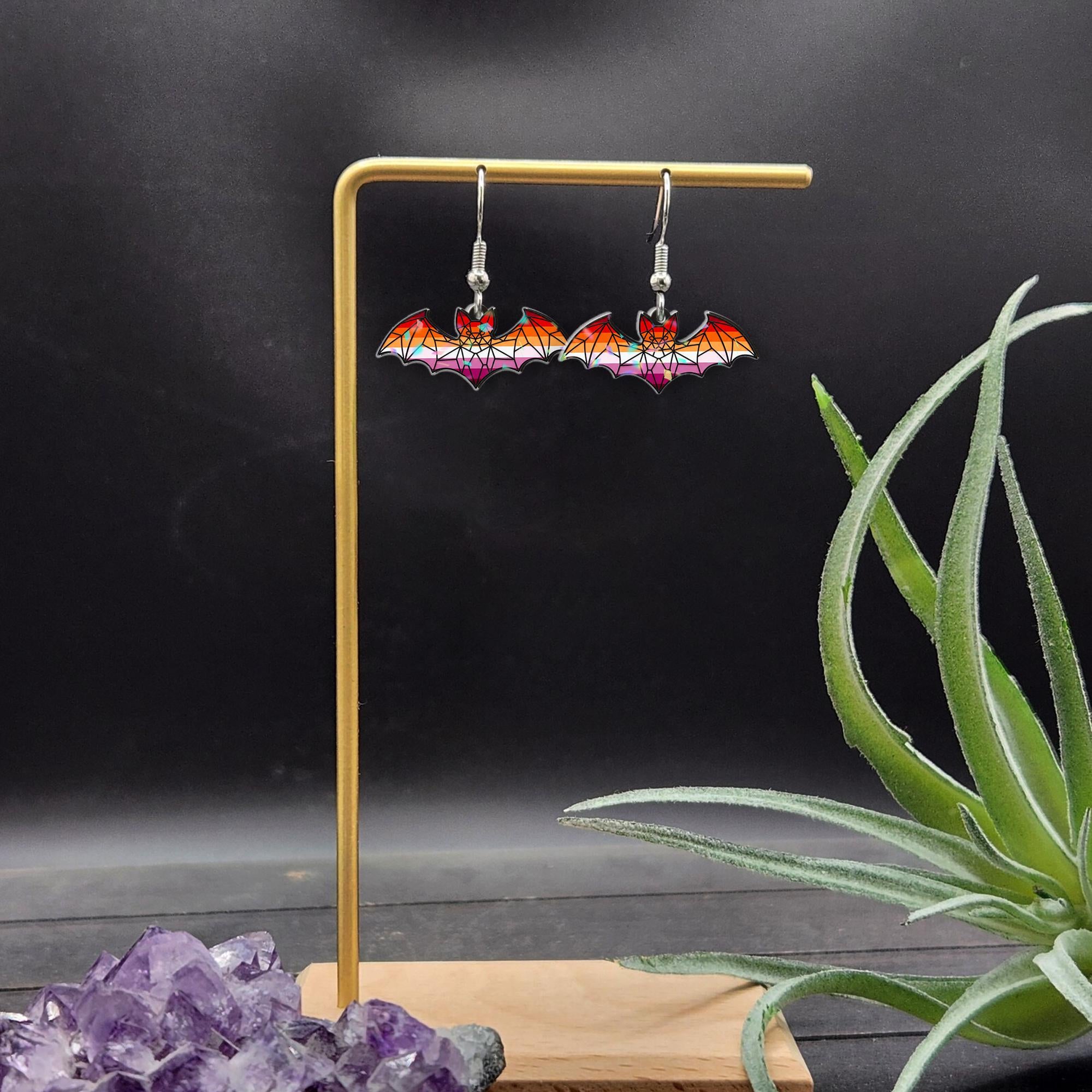 Lesbian Bat Earrings – Sapphic Pride Flag Dangles – Gothic Queer Jewelry – Cute Halloween Lesbian Gift – Spooky LGBTQ Earrings