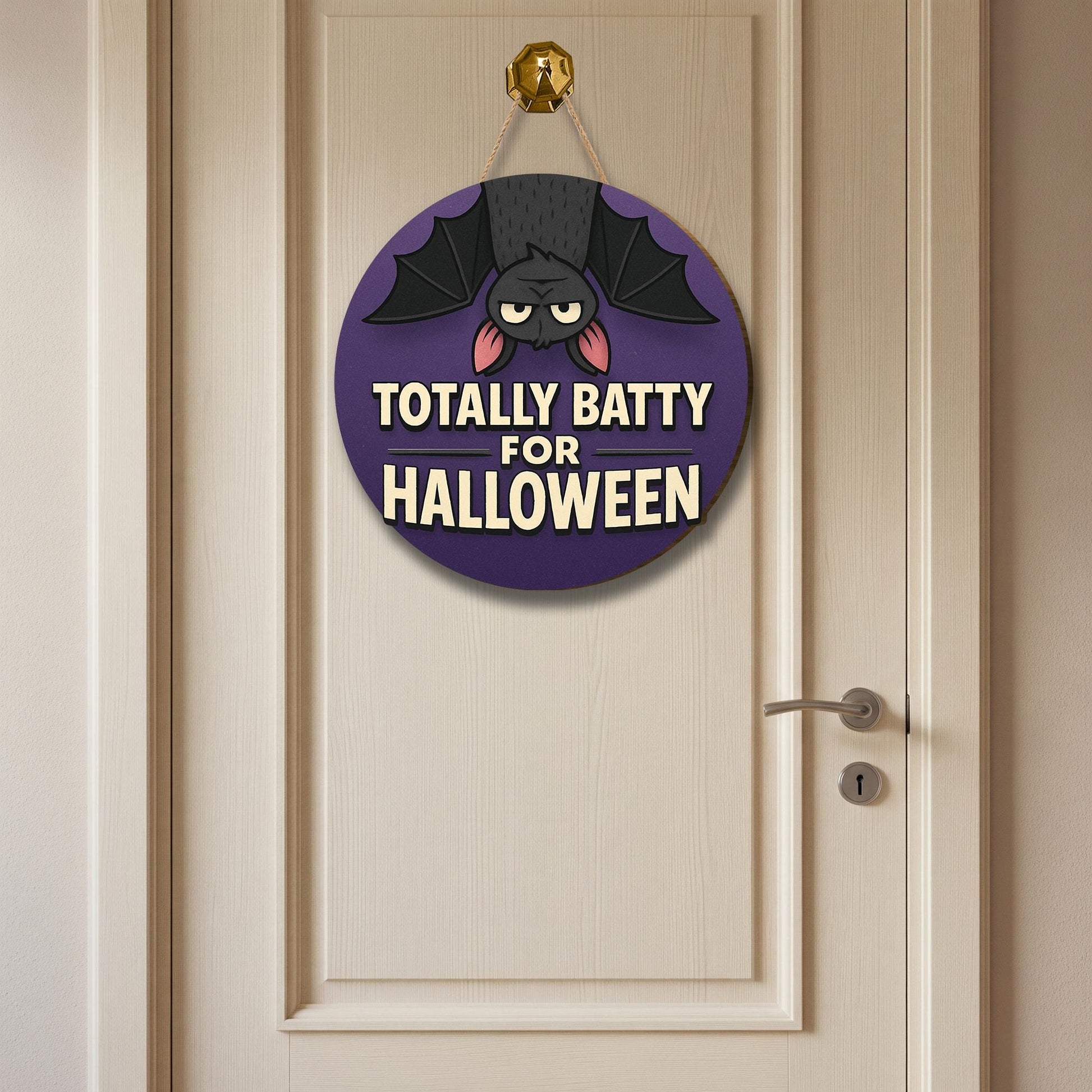 Totally Batty for Halloween Door Sign – Funny Bat Halloween Decor – Cute Round Hanging Sign for Front Door or Porch