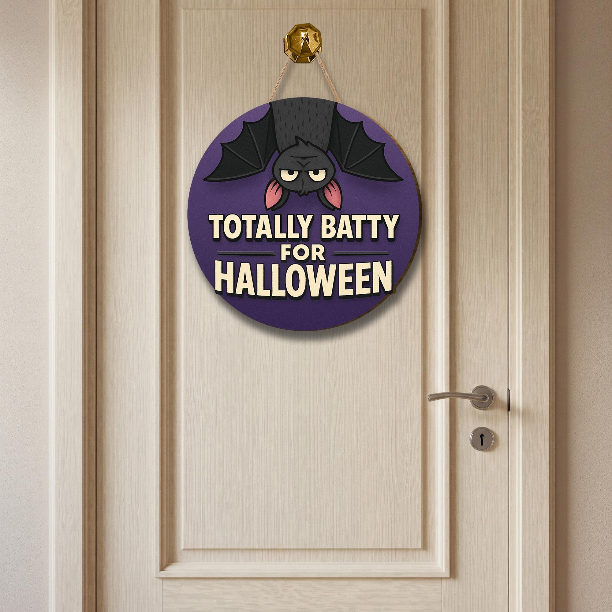 Totally Batty for Halloween Door Sign – Funny Bat Halloween Decor – Cute Round Hanging Sign for Front Door or Porch