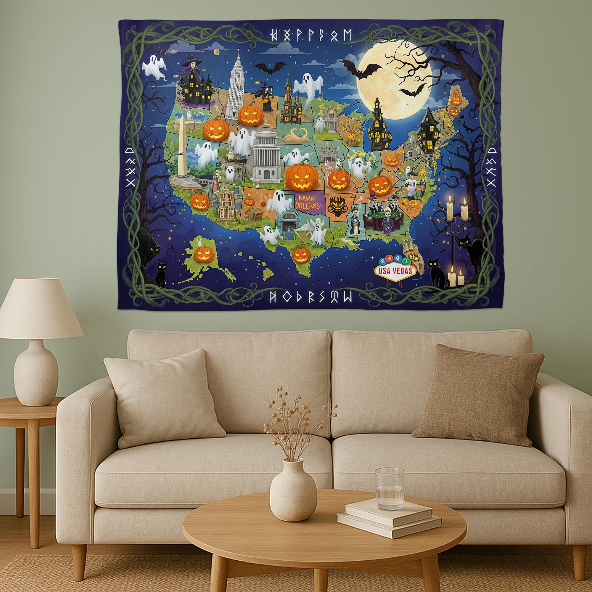 Halloween USA Map Tapestry – Haunted America Wall Decor with Ghosts, Pumpkins & Landmarks – Spooky Travel Wall Art for Fall